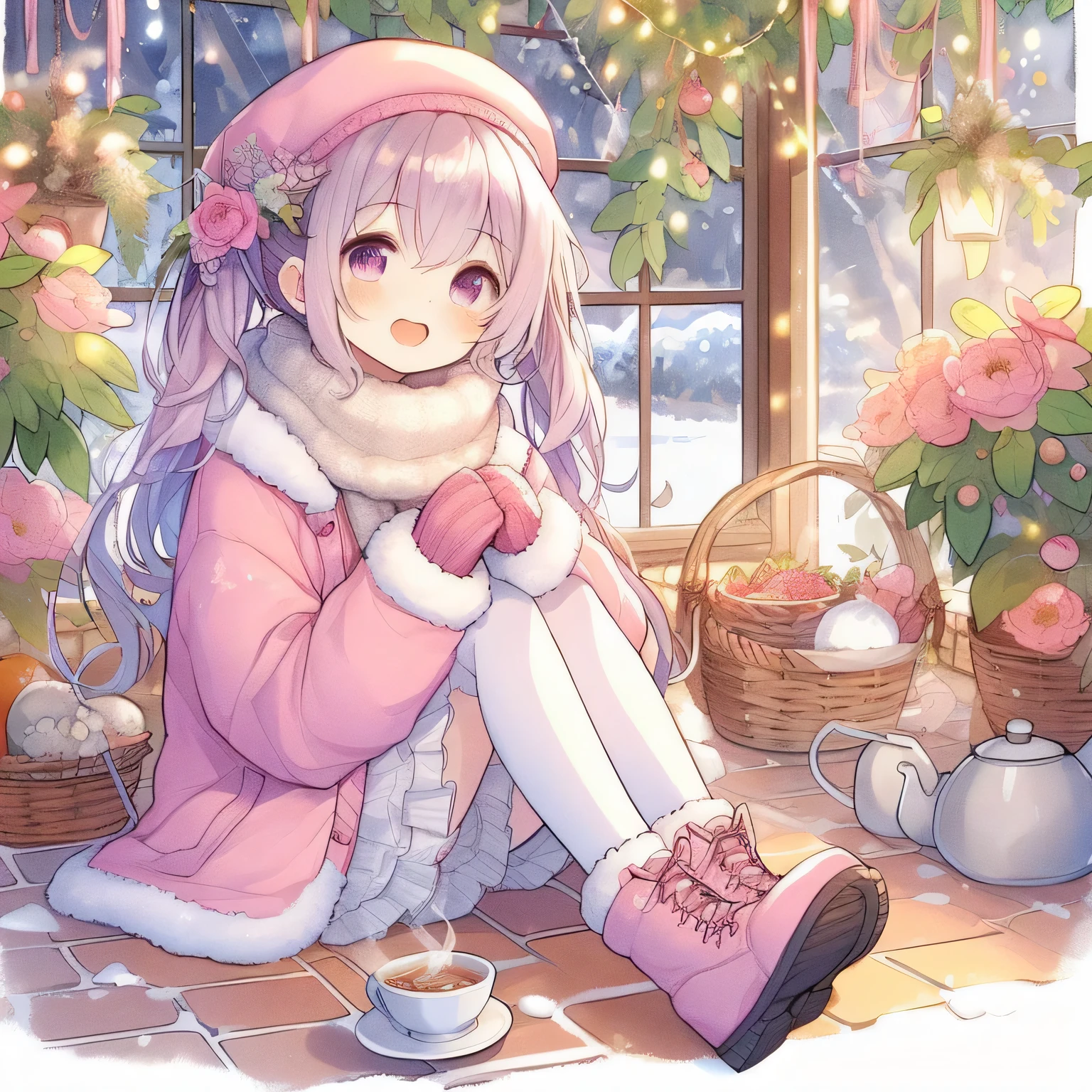 anime girl sitting on the floor with a cup of coffee, anime visual of a cute girl, seasons!! : 🌸 ☀ 🍂 ❄, cute anime girl,The winter-scented Sachephleur will bring a smile to girls wearing pink attire.、Sit on the petal-covered floor in a warm greenhouse、pastel watercolor anime, in the winter, heavy winter aesthetics, in winter, winter time, cute anime, cute art style, cold snow outside, splash art anime , cozy wallpaper, cute anime style, cute kawaii girl