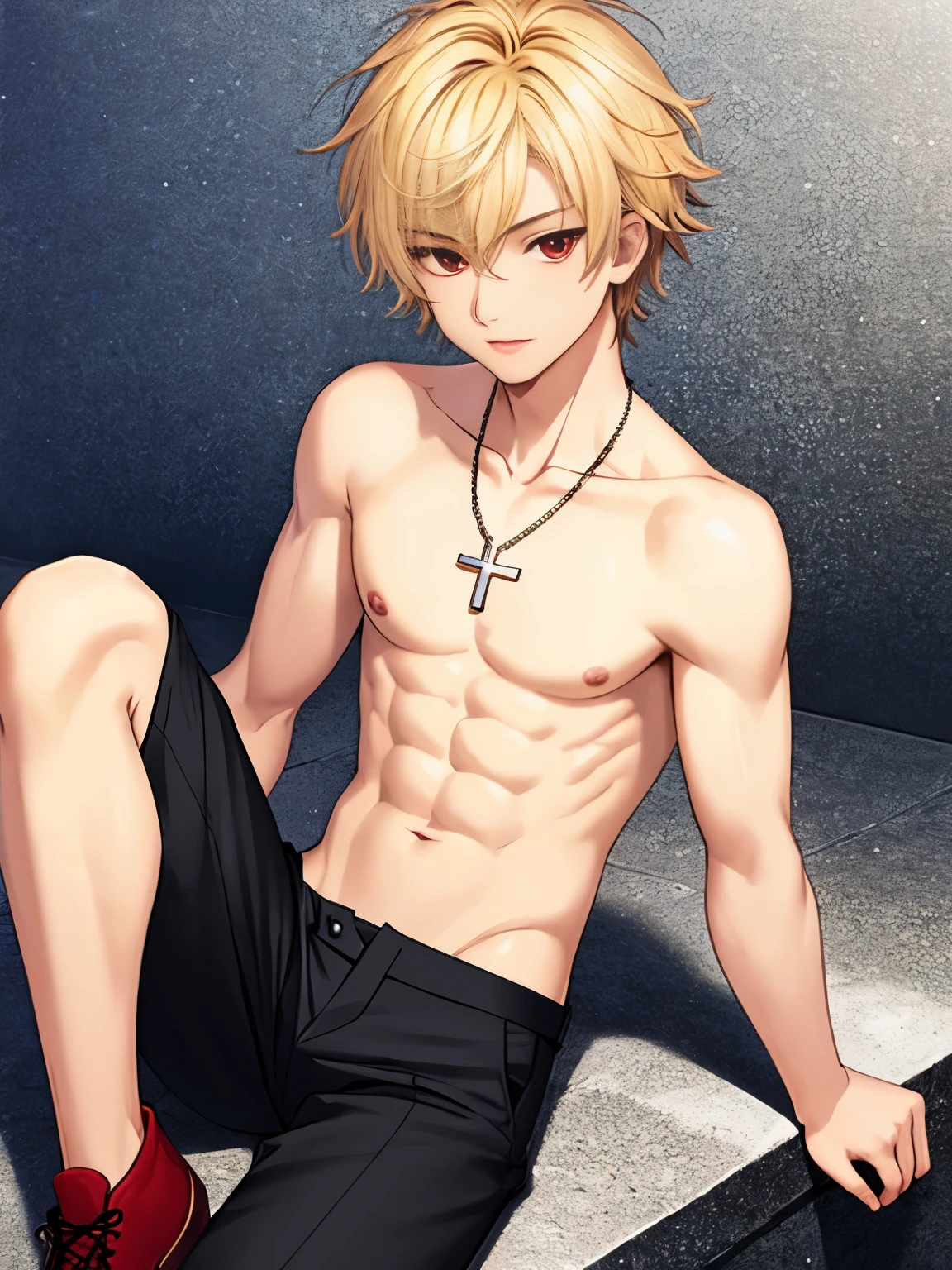 1 boy,solo,20 years old,six pack muscles,Sit facing right,,half body photo,cross necklace,handsome,messy hair,Perfect face, detailed face, short hair, blonde hair,Without clothes (nude),black trousers, Long pants,red eyes,bright red eyes, vampire