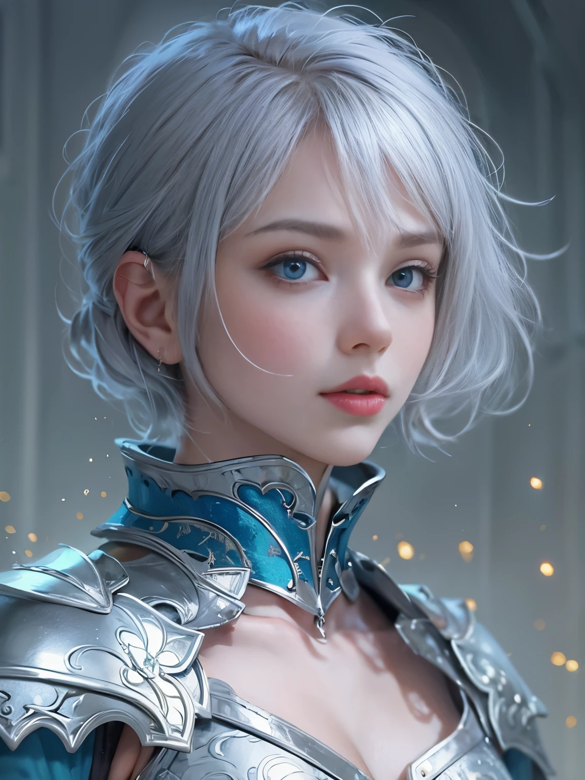 NSFW((masterpiece)), (((Best Quality))), ((Ultra-detailed)), (extremely detailed photo), ((extremely delicate and beautiful)),(Cute delicate face), (A 18 years old dignified girl),(blue and silver full armor) ,(holding a white glowing sword ),short hair,against a light background in a city,solo, double eyelid,delicate skin,slender body shape,