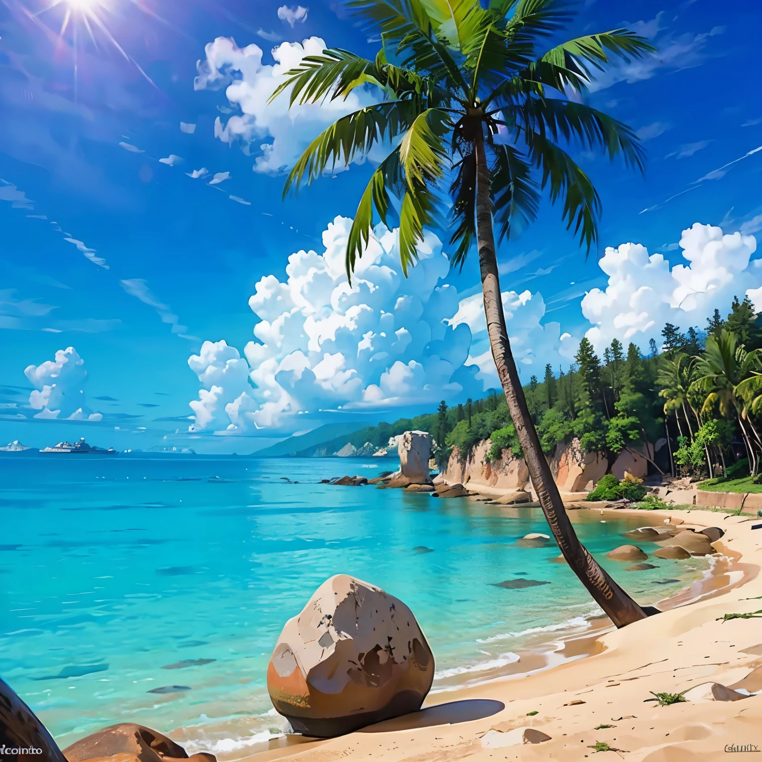 8k, best quality, masterpiece, ultra high resolution, (realism: 1.4), original photo, beach，reef，coconut tree，landscape photos，photography