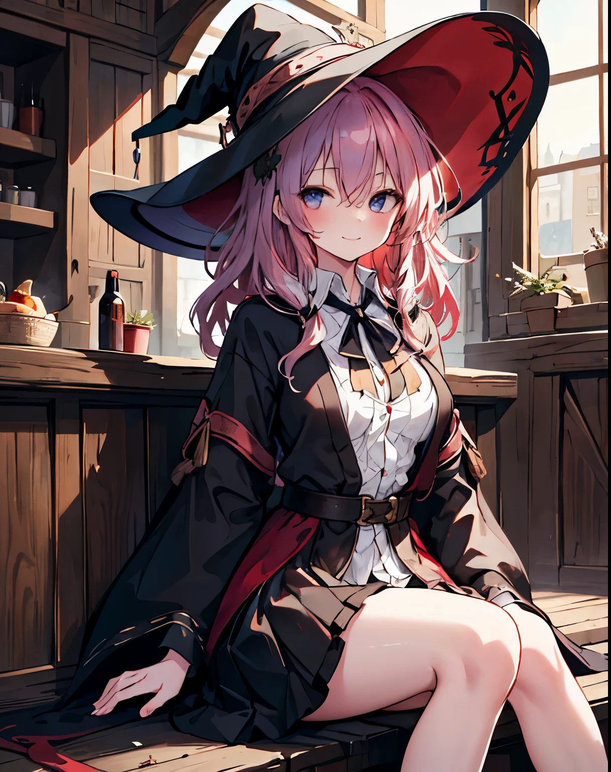 masterpiece,1girl, sparrow, a red haired girl, wearing a medieval clothes, curly medium hair, messy hair, black skirt, slim body, wearing witch hat, medium breasts, she close her left eye, shirt ornament, ****ppai, seductive expression, beautiful breasts, rounded breasts, crimson eyes, dress, miniskirt, sit in medieval tavern, ahoge, seductive smile, breast armor