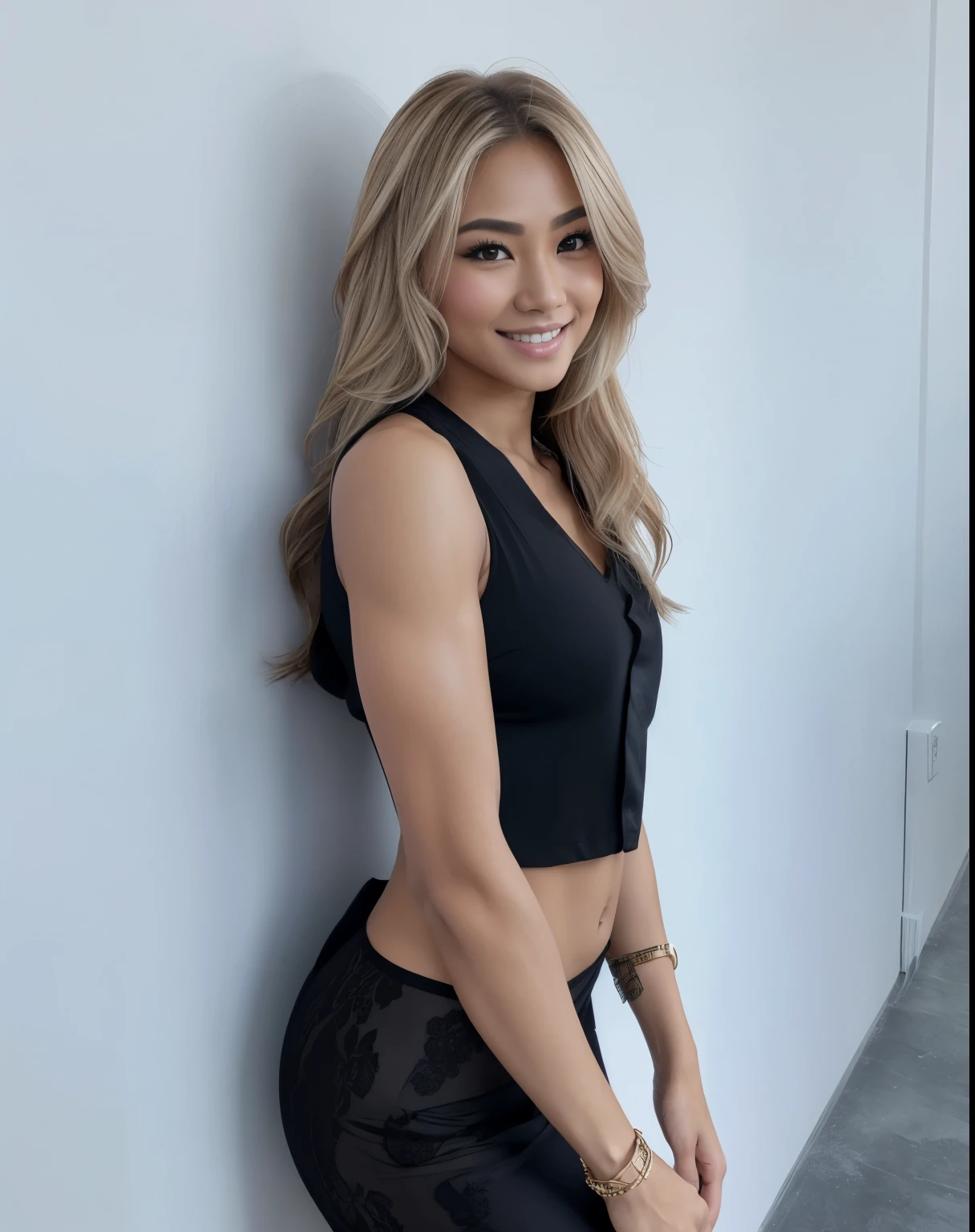 Young Thai woman, Fit physique, fitness physique, portant de la lingerie noire sexy, watch on the canapé, les jambes ouvertes, corps sexy, (8K), (best quality), (chef-d&#39;artwork:1.3), (realistic), (Photorealistic:1.34), ultra-detailed, [Beautiful detailed eyes], (sourire), (sourire), (beautiful detailed nose), [cheveux blonds très longs], (haut court), lingerie noire, (superbes seins taille normale), (gros plan), profondeur de champ, full body view, sitting on the sofa, legs spread, montrant l&#39;entrejambe, pieds en l'air