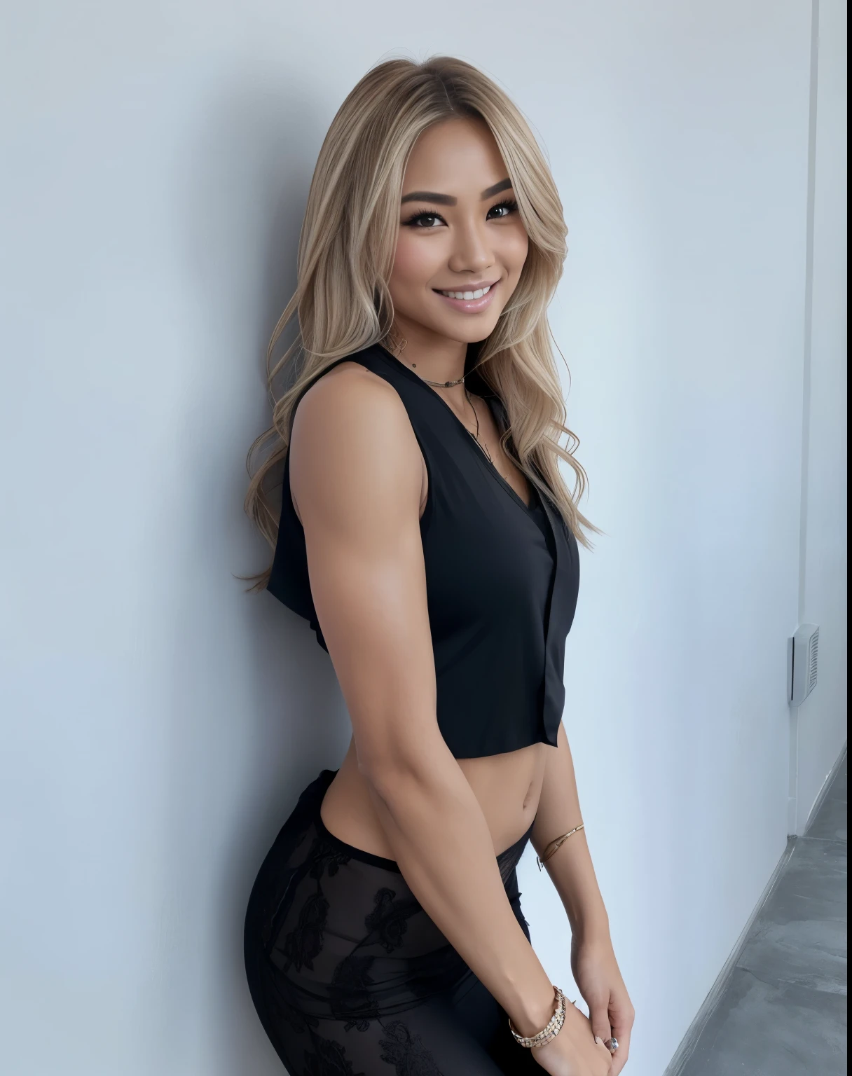 Young Thai woman, Fit physique, fitness physique, portant de la lingerie noire sexy, watch on the canapé, les jambes ouvertes, corps sexy, (8K), (best quality), (chef-d&#39;artwork:1.3), (realistic), (Photorealistic:1.34), ultra-detailed, [Beautiful detailed eyes], (sourire), (sourire), (beautiful detailed nose), [cheveux blonds très longs], (haut court), lingerie noire, (superbes seins taille normale), (gros plan), profondeur de champ, full body view, sitting on the sofa, legs spread, montrant l&#39;entrejambe, pieds en l'air