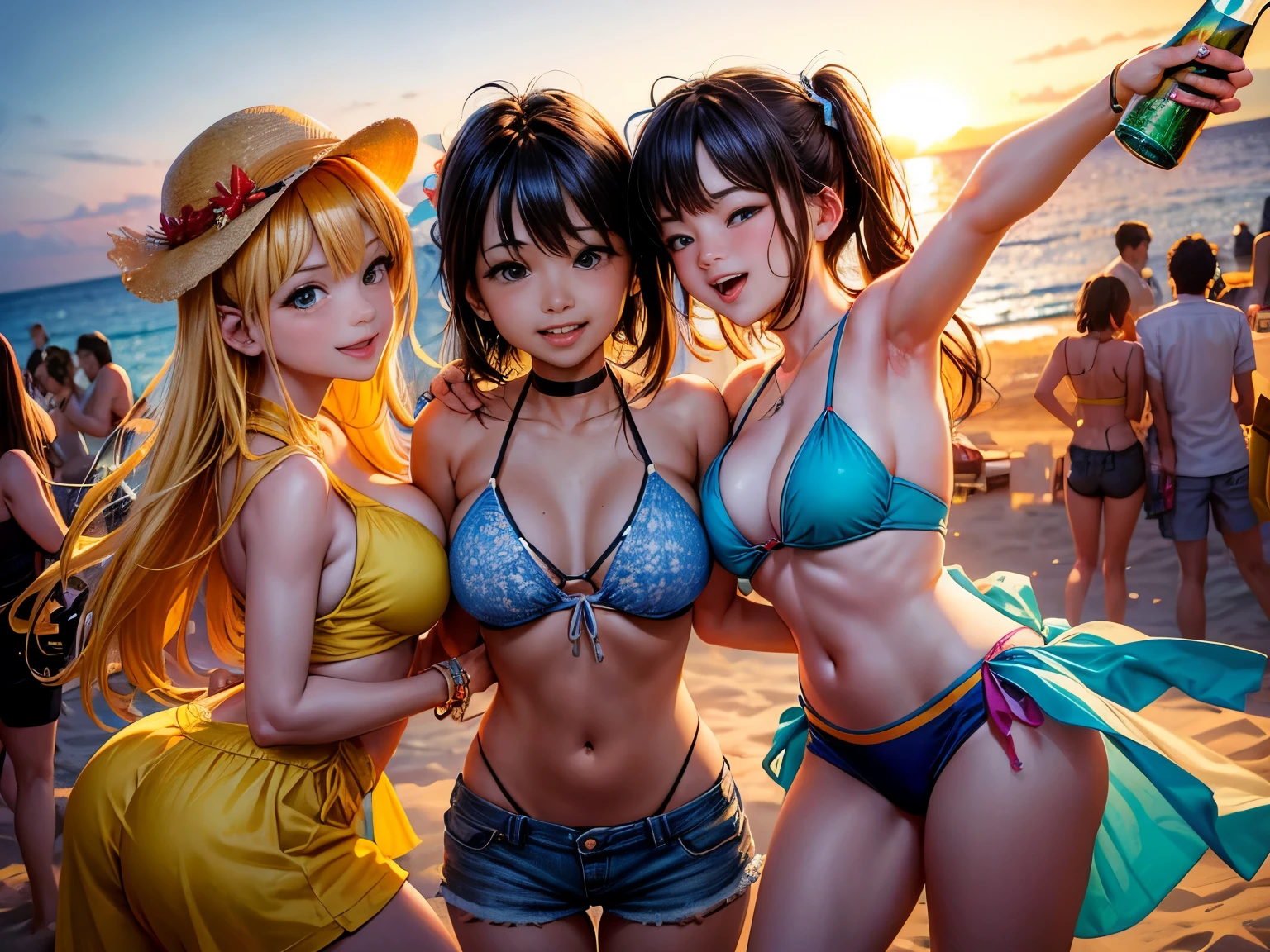 (best quality, highres:1.920x1.080), A lively group of people, radiating joy and excitement, gathered on an idyllic Ibiza beach. The sun hung high in the sky, casting its golden rays upon the vibrant scene before us. A multitude of partygoers, clad in colorful bikinis and shorts, reveled in the warm summer breeze, each holding a frosted beer bottle in their hands.
The inviting atmosphere of the Ibiza beach party came alive through the artsy lens of renowned artist Lu Dongjun. Supported by Guvitz at the Pisif Art Station and expertly assist