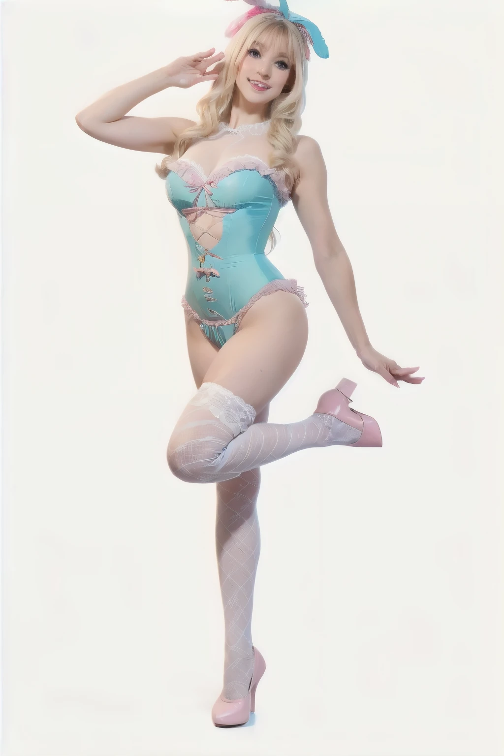 araffe vêtu d'a blue and white striped outfit and stockings, Barbie animée en bas blancs, fille bonbon, leotards and leggings, ensemble playboy complet du corps, gros plan du corps entier, fille douce lapin ultraréaliste, plan large de tout le corps, gogo danseur, Jambe de lapin, corps entier jolie jeune femme, lapin playboy, sexy-s 100