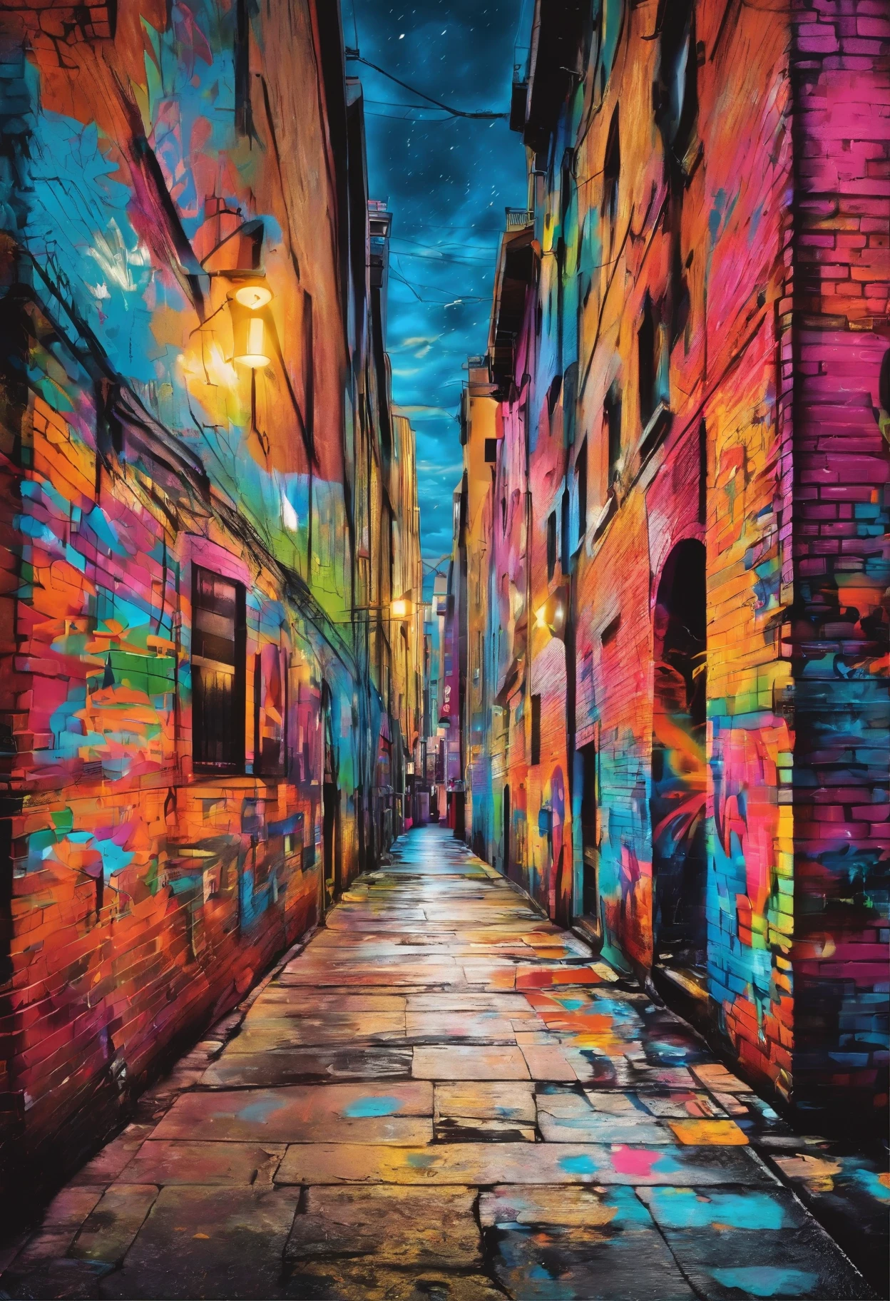 (best quality,high resolution,masterpiece:1.2),actual,graffiti style,night view,city environment,Detailed brick wall,shadows and highlights,neon lights,Distinctive spray paint,sharp focus,colorful palette,Vibrant shades,glossy finish,shimmering reflection,darker pastel tones,Graffiti artist&#39;s signature,subtle light,authentic street art,streetlight, Avant-garde atmosphere,Pop culture, expressive brushstrokes,tough texture,Visibility of weathering and wear,Bold and vibrant graffiti font,Mark words "garage moving",Underground passage location,Exciting and dynamic composition
