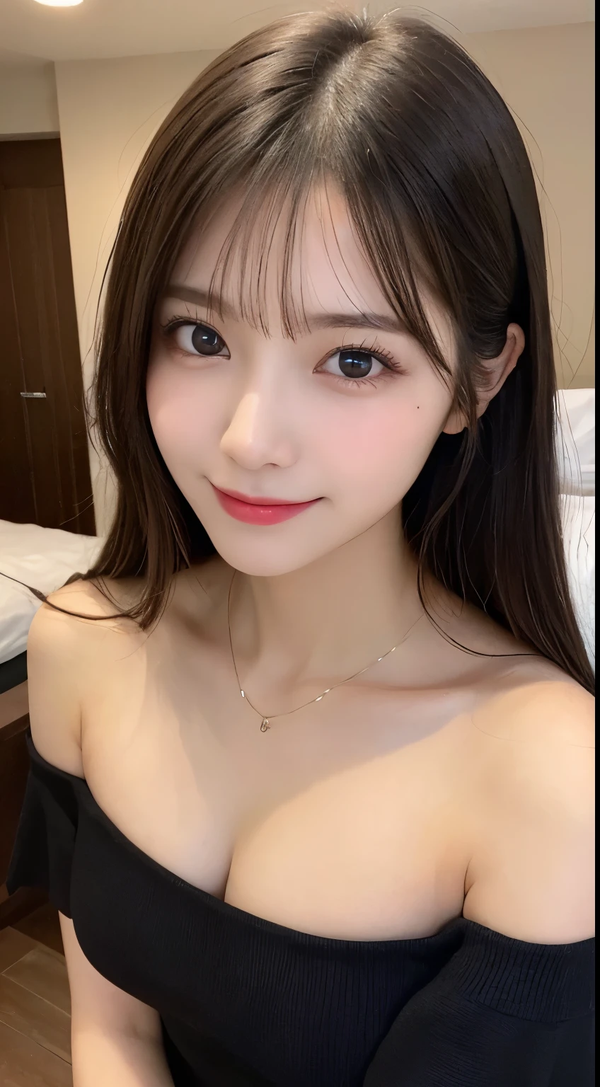 table top, highest quality, shape, Super detailed, finely, High resolution, 8k wallpaper, 完璧なダイナミックな構shape, beautiful and detailed eyes, off shoulder dress, small breasts, natural color lip,優しいsmile,20 year old girl、美しくdetailed face、perfect and beautiful face,Big eyes、美しくdetailed face、perfect and beautiful double eyelids、blur the background、Feminine poses、slim face and style、straight hair、Bedroom、lie in bed、 (get closer to the face, enlarge the face, face focus:1.0), break, (masterpiece, highest quality, Super detailed, detailed face, 8k)、real photos(best image quality)、shot from below、look up、K-POPアイドルフェイス、smile