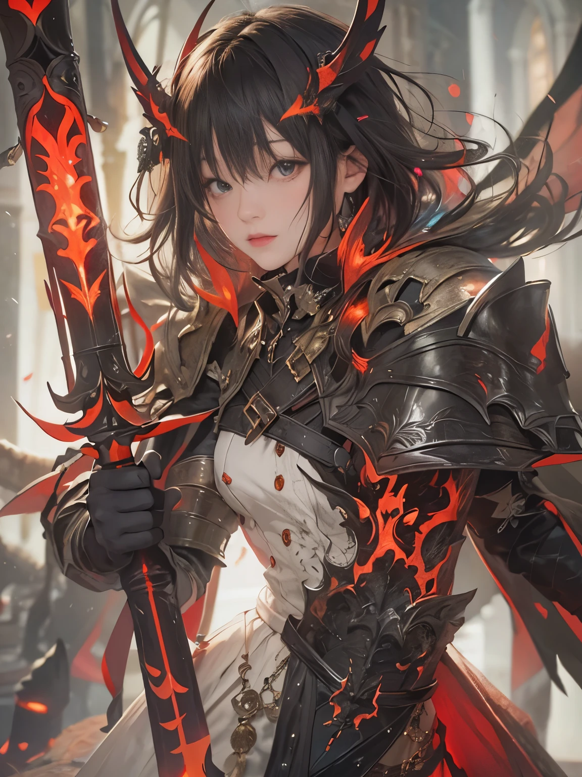 NSFW((masterpiece)), (((Best Quality))), ((Ultra-detailed)), (extremely detailed photo), ((extremely delicate and beautiful)),(Cute delicate face), (A 18 years old dignified girl),(red and black full armor) ,(holding a red glowing sword ),short hair,against a light background in a city,solo, double eyelid,delicate skin,slender body shape,