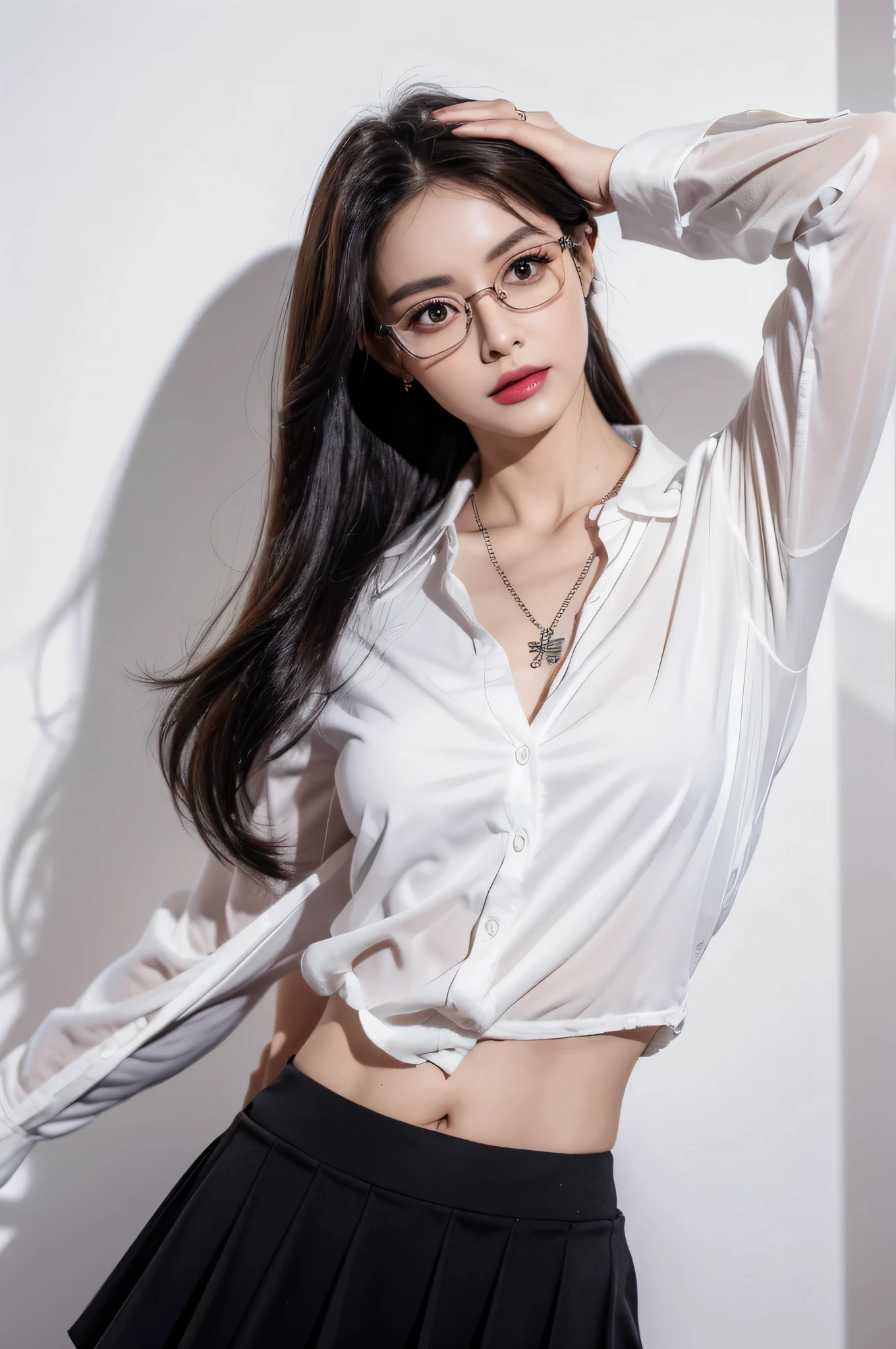woman wearing metal glasses , beautiful, amazing face and eyes, cosmetic,(Extremely detailed beautiful face), (The sexiest pose), (best quality), (super detailed), (Extremely detailed CG unified 8k wallpaper), (Permanently installed), (pure white background),(black hair),(big eyes),(Soft light source),(Section),red glossy lips,Wear a pendant, white button shirt,black skirt,(Character centered)
