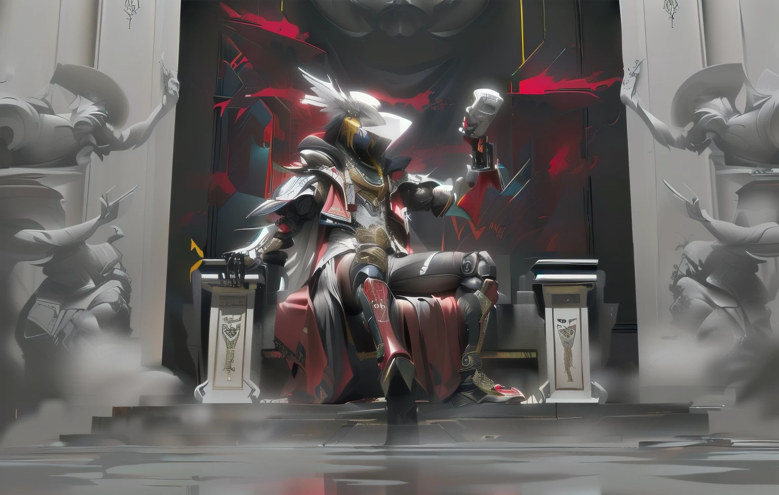 (((シルフのようなmale性的なキャラクターをフィーチャーした、A spectacular and visually stunning digital animation masterpiece ((male:1.5)) Decorated military soldier angel wearing a sophisticated but tactical armored but decorated leather military trench coat:1.2))), (((flat masculine male chest:1.5, Mechanical mechanite head with narrow visor:1.5))), (((The character is (SF tactical armor open front trench coat with built-in exoskeleton, pulled up the hood) (Although the plating is done on top of the armor that fits perfectly.、Can be worn under a suit with a very sleek and revealing waist cutout。), The armor plating on the upper arms and shoulders is beautifully sculpted))):1.4. The image shows the intricacies of the character's armor and clothing:1.5, ((Captures their glamorous essence and heavy mecha aesthetic。:1.2)). A character with an androgynous charm, (((Has a slim but muscular physique:1.2, Smooth waist like a sylph, Tight、Yet beautiful and smooth cybernetic arm:1.3, Mechanical arms and legs:1.3, mechanical muscle:1.3))), looking at the viewer, (((Brass metal armor and brown leather, diesel punk:1.3)))