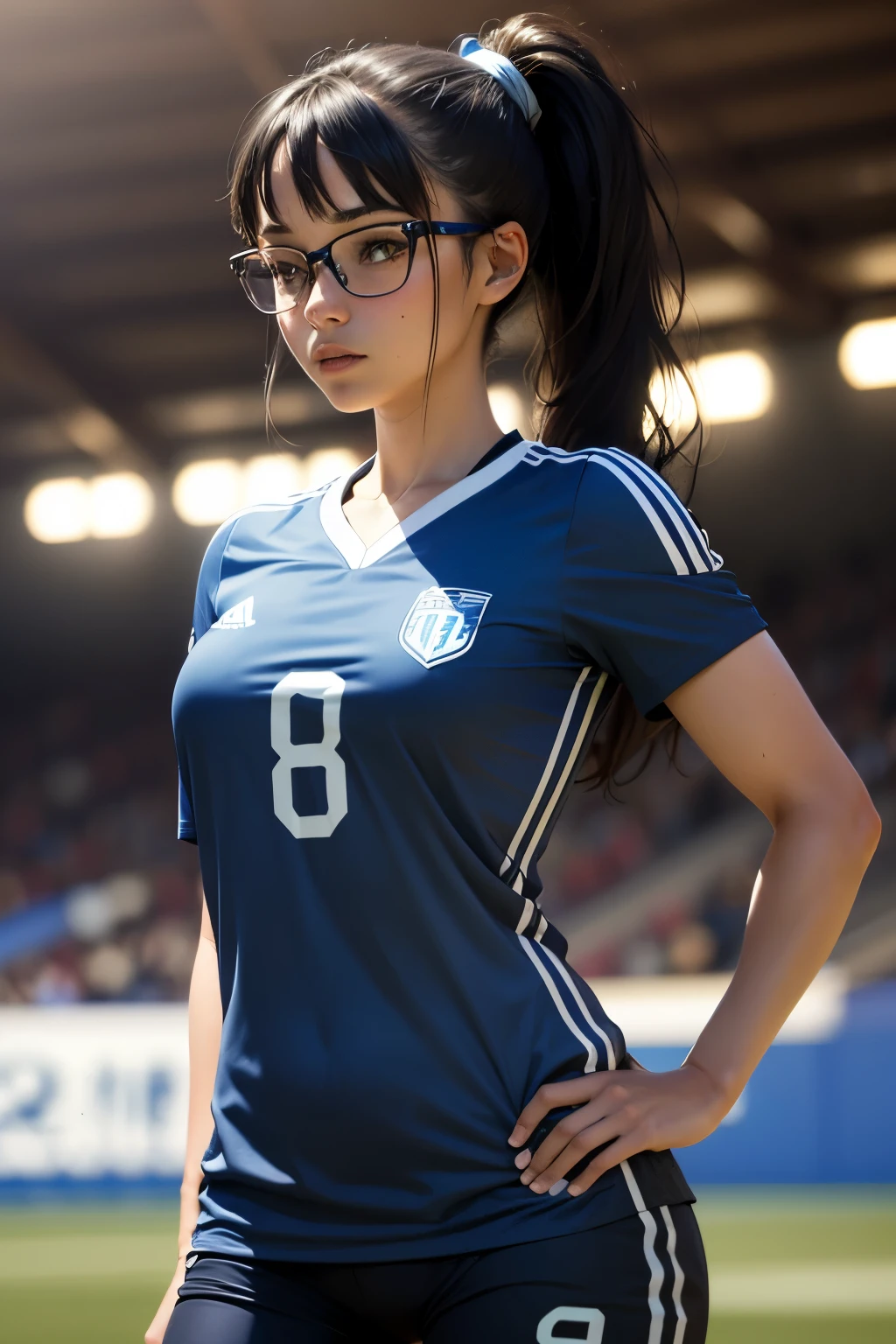 ((wide angle shot)), beautiful female soccer player, black hair in a ponytail, bangs, wearing glasses, wearing a blue team uniform, ((shirt number 8))