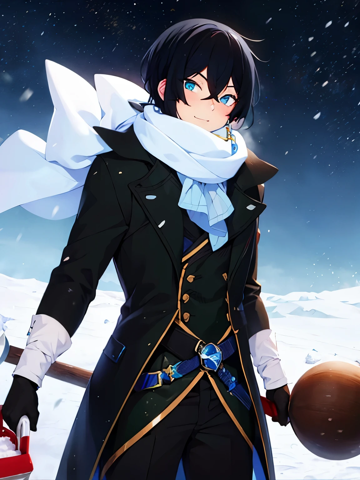 1 boy, vanitas, standing, throwing bombs,close up photo, at the north pole, snowing, ultra detail