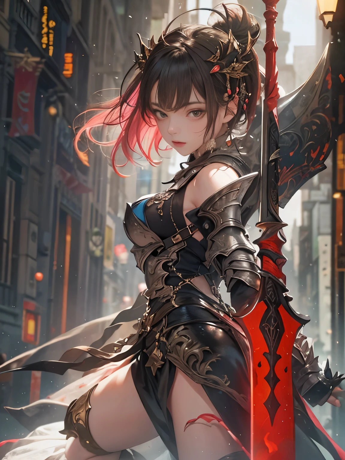 NSFW((masterpiece)), (((Best Quality))), ((Ultra-detailed)), (extremely detailed photo), ((extremely delicate and beautiful)),(Cute delicate face), (A 18 years old dignified girl),(red and black full armor) ,(holding a red glowing sword ),short hair,against a light background in a city,solo, double eyelid,delicate skin,slender body shape,