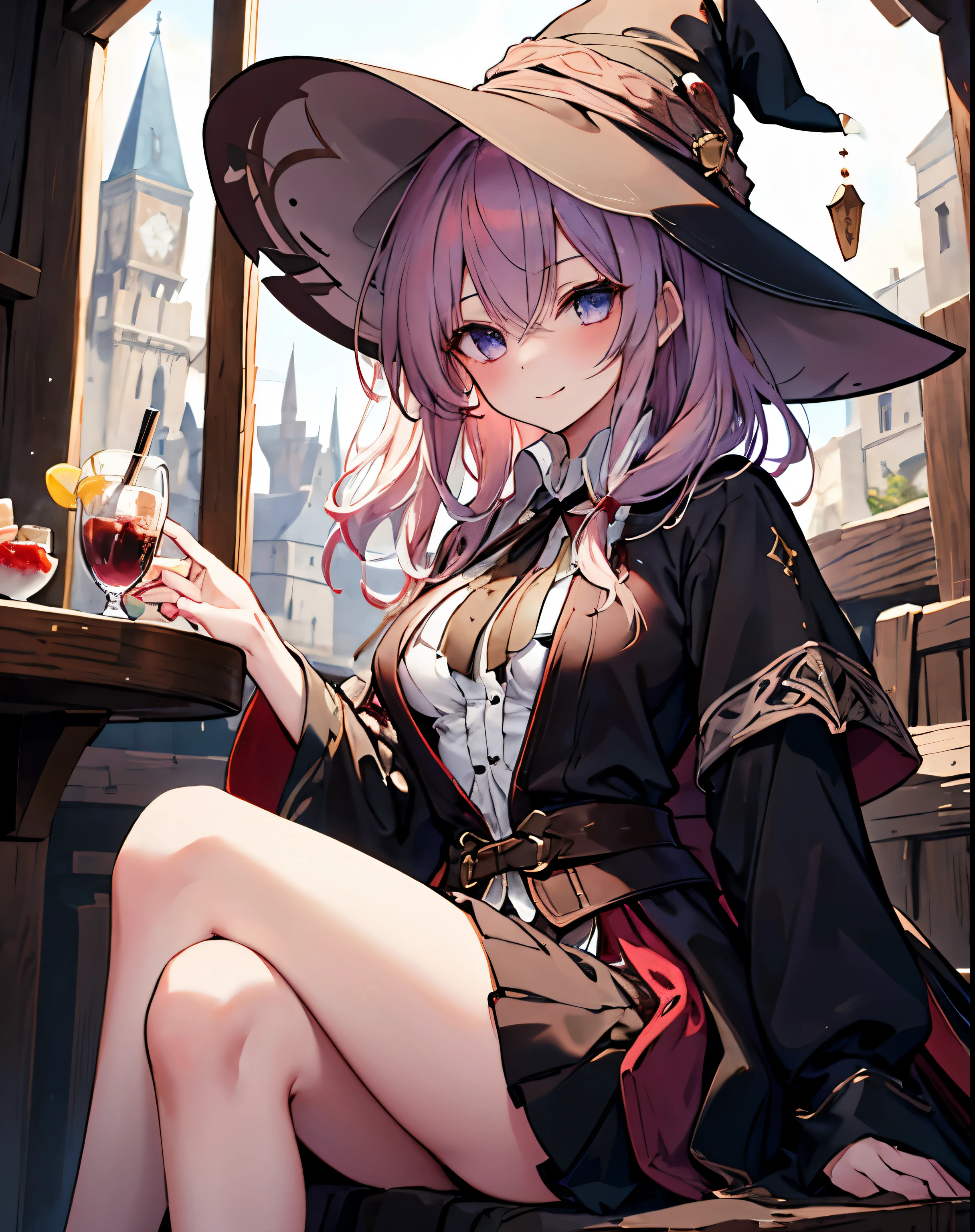 masterpiece,1girl, sparrow, a crimson haired girl, wearing a medieval clothes, curly medium hair, messy hair, black skirt, slim body, wearing witch hat, medium breasts, she close her left eye, shirt ornament, ppai, seductive expression, beautiful breasts, rounded breasts, crimson eyes, dress, miniskirt, sit in medieval tavern, ahoge, seductive smile, breast armor