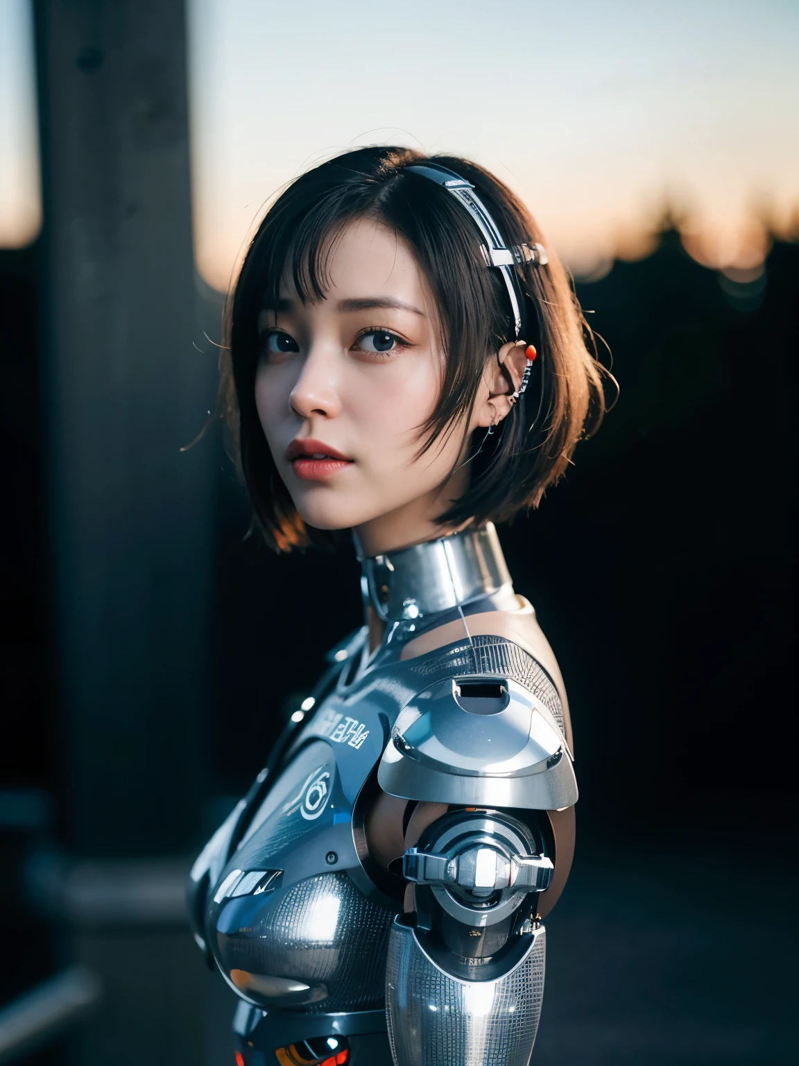 (cyborg:1.5), Yoga suit, bob cut, (realism: 1.4), (best quality: 1.0), (super resolution: 1.0),  (masterpiece:0.2), Super detailed, 1 girl, pale skin, Delicate skin, looking at the audience, from the side, giggle