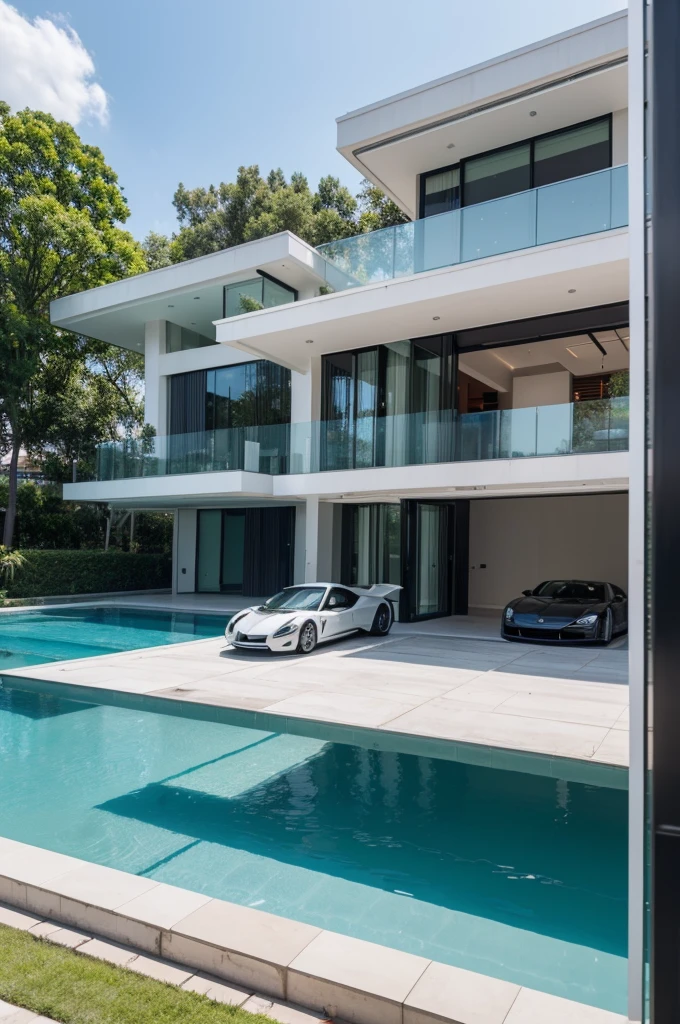 Luxury steel structure villa，Fully tempered glass frame，surrounded by water，3 floors，Two luxury supercars were parked next to the garage. There was also a graceful beauty with long hair and tight clothes and short shorts standing there.，The villa is very modern，Huge balcony