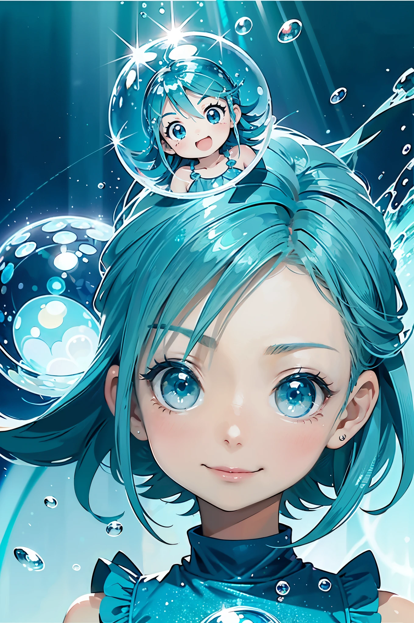 Underwater，Digital Art Style Baby Chibi，big head，perfect face， cute face，bright face，laughter，(blue hair:1.3)，(shining blue eyes:1.3)，(cute aqua blue dress:1.3)，bubbles，bubble，Water Balls，Sparkling、Backlight，highest quality，beautiful graphics，high detail