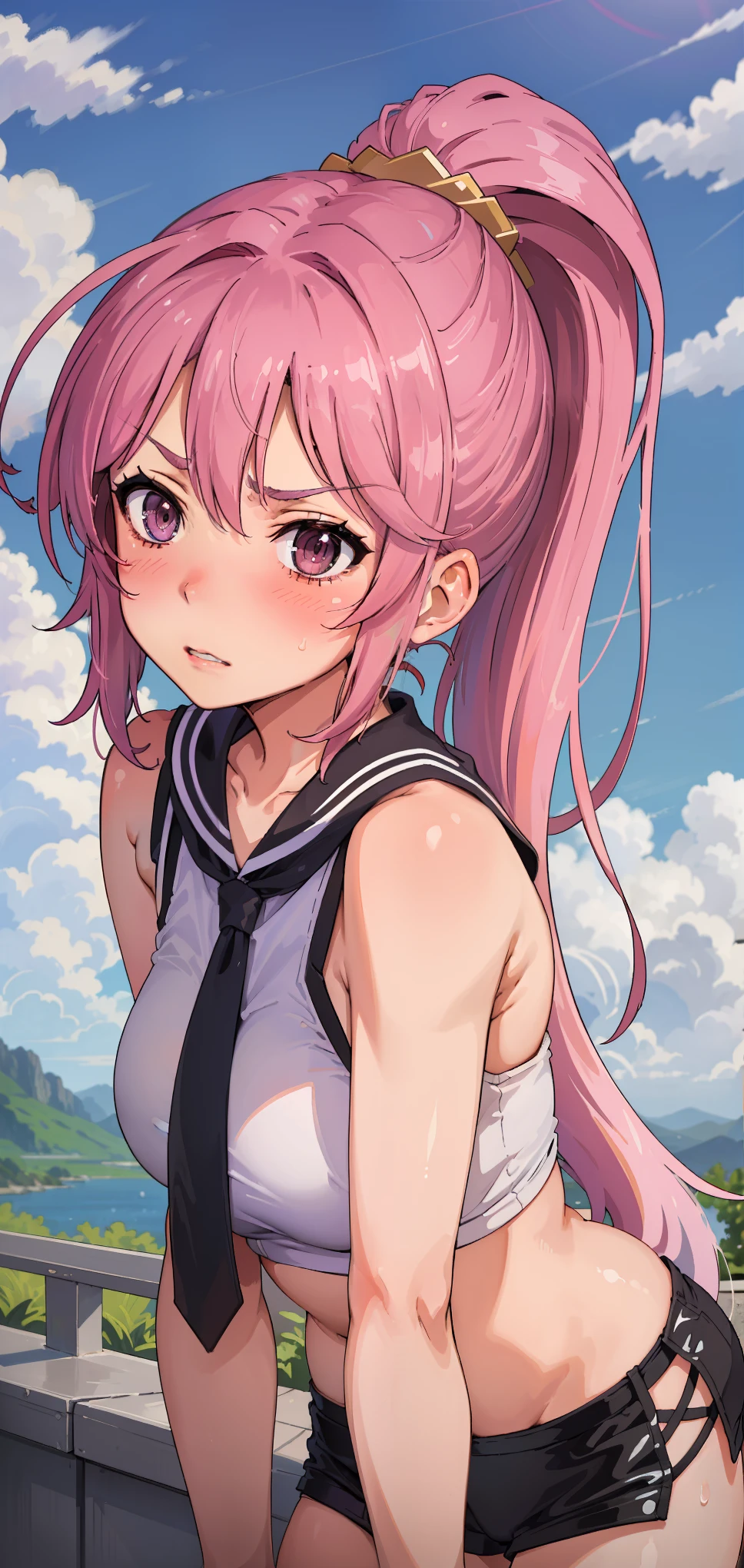 Jibril, (standing), blushed, perfect anatomy, detailed eyes, detailed lips, extremely detailed eyes and face, vivid colors, sharp focus, masterpiece:1.2, ultra-detailed, blushed, ((doggystyle)), (solo), ((tie)), sleeveless, ((((ponytail)))), (((disdain, disgust))).