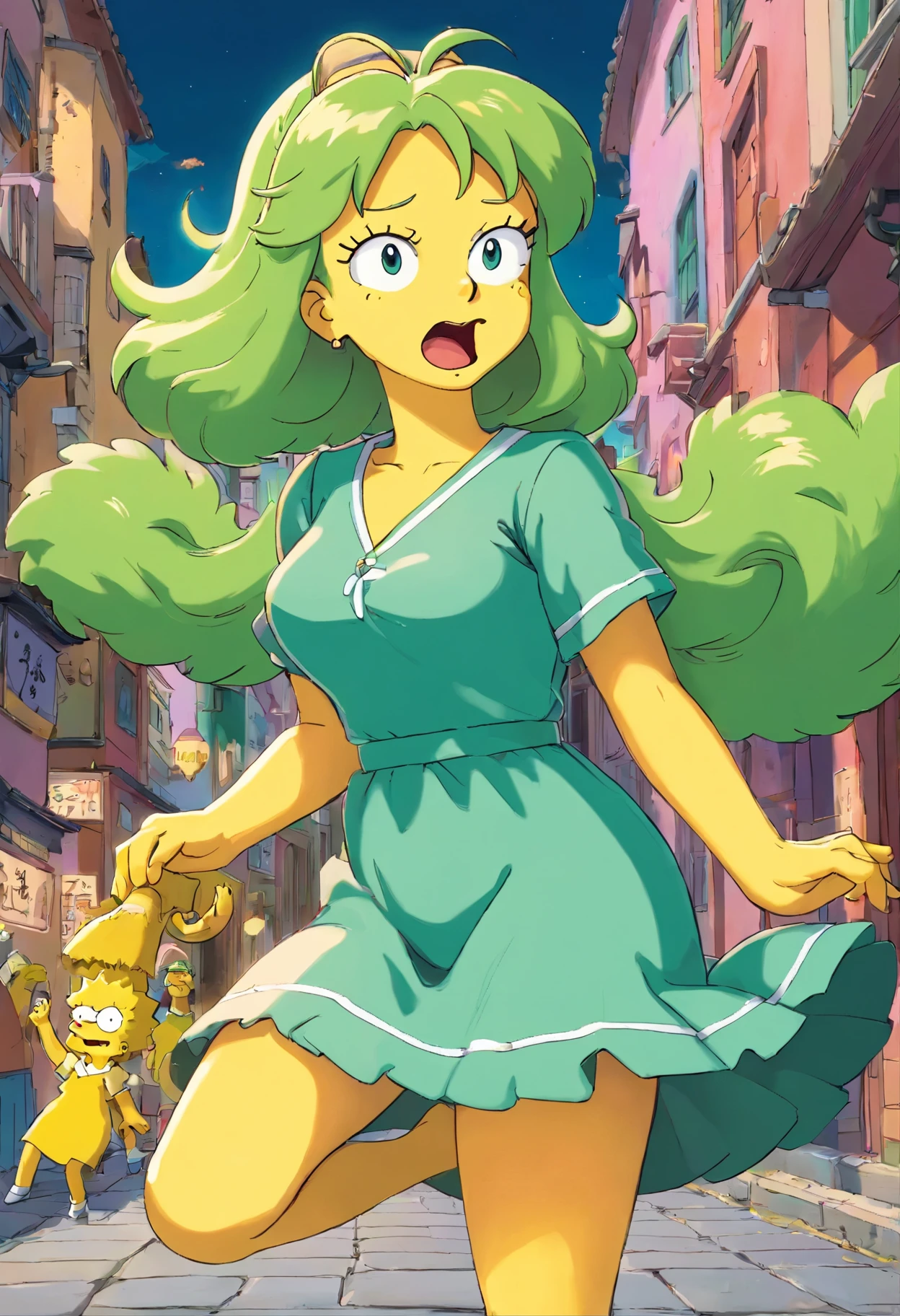 Marge Simpsons in a dynamic Turnaround pose with her hair down, quadril largo e vestido verde apertado