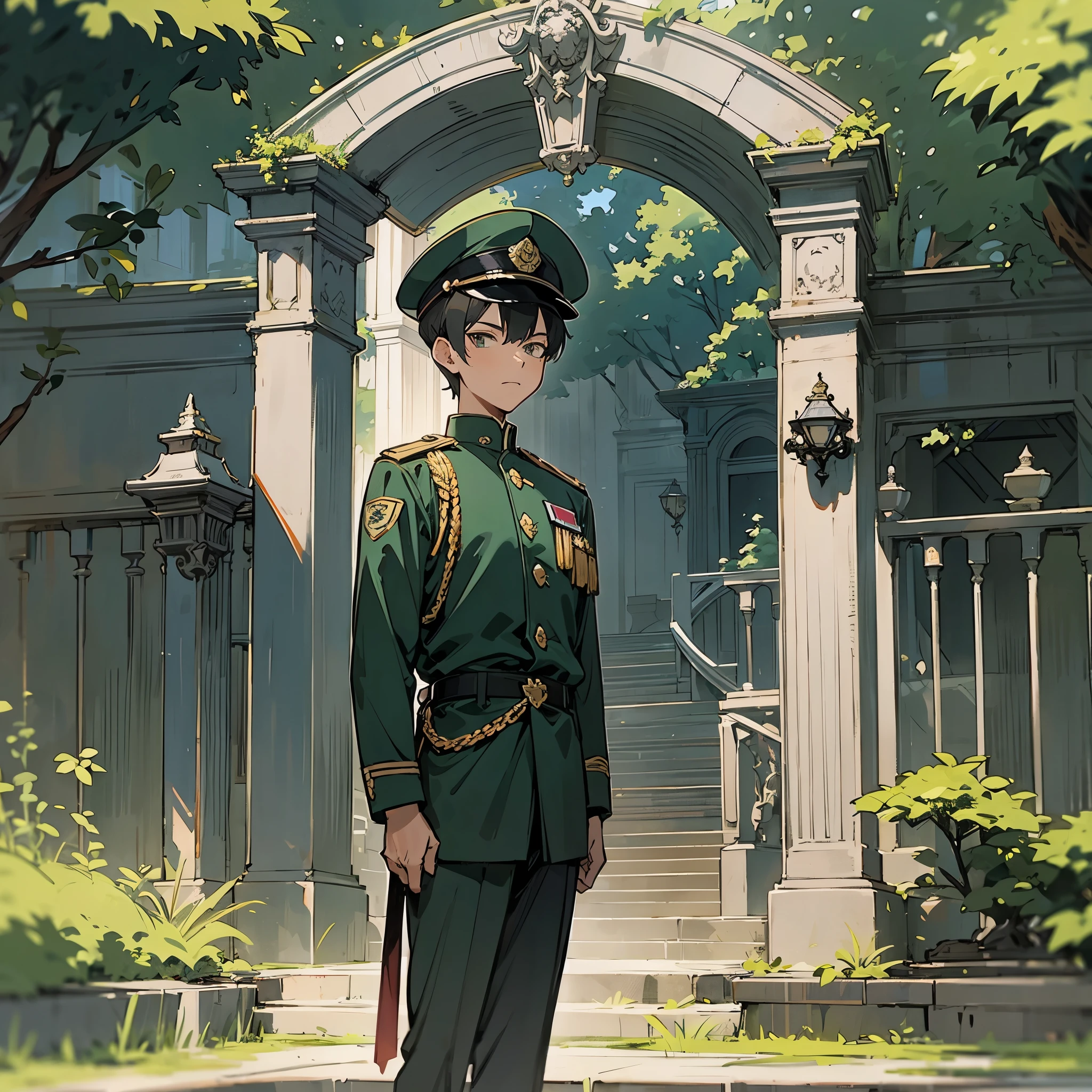 A middle-aged male,short hair,Guard outfit,Wearing dark green security uniform,Wearing a security hat,Standing in front of the mansion gate,Stand at attention and salute directly in front of you,Serious eyes。Vista composition,full body picture,Colored screen,Anime illustration style,Marker sketch style,Sketch portraits of people,high-definition,4k。