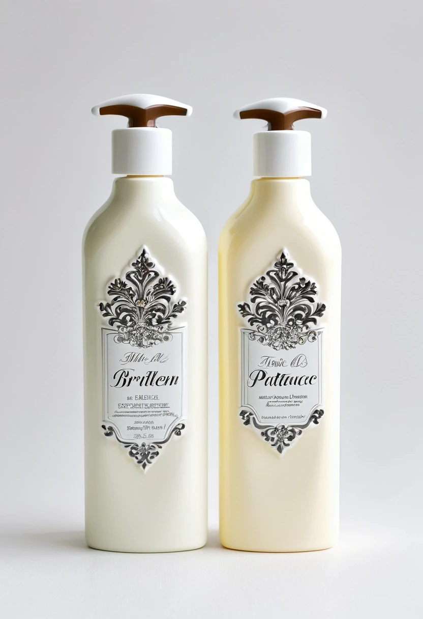 Couple of lotion bottles, sitting next to each other, Flemish Baroque by Irene and Laurette Patten, pinterest contest winner, plastic artist, contest winner, winners, white background