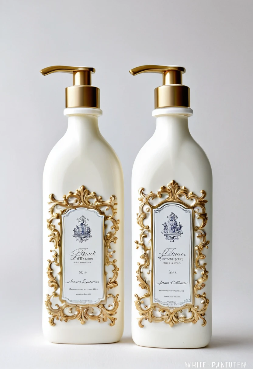 Couple of lotion bottles, sitting next to each other, Flemish Baroque by Irene and Laurette Patten, pinterest contest winner, plastic artist, contest winner, winners, white background