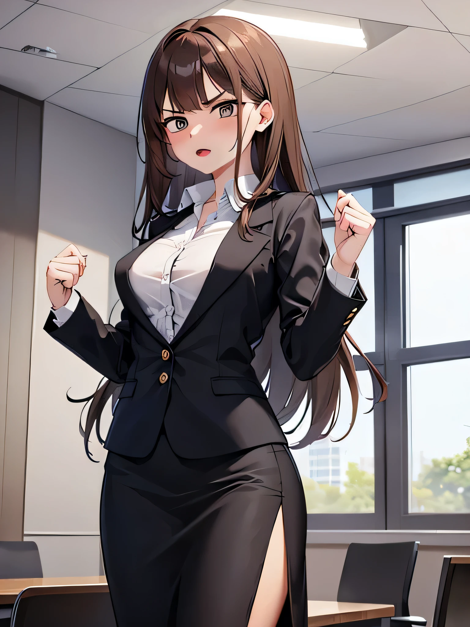masterpiece, best quality, expressive eyes, perfect face, highly detailed, intricate detailed, atmospheric perspective, solo, 1mature seductive woman lifting skirt, alluring pose, brown semi long hair, neckless, business suit, checked vest, blouse, black pencil skirt, tight mini skirt, pantyhose, panties, curvy, thighs, calm smile, opening legs, from below, in office, at night,