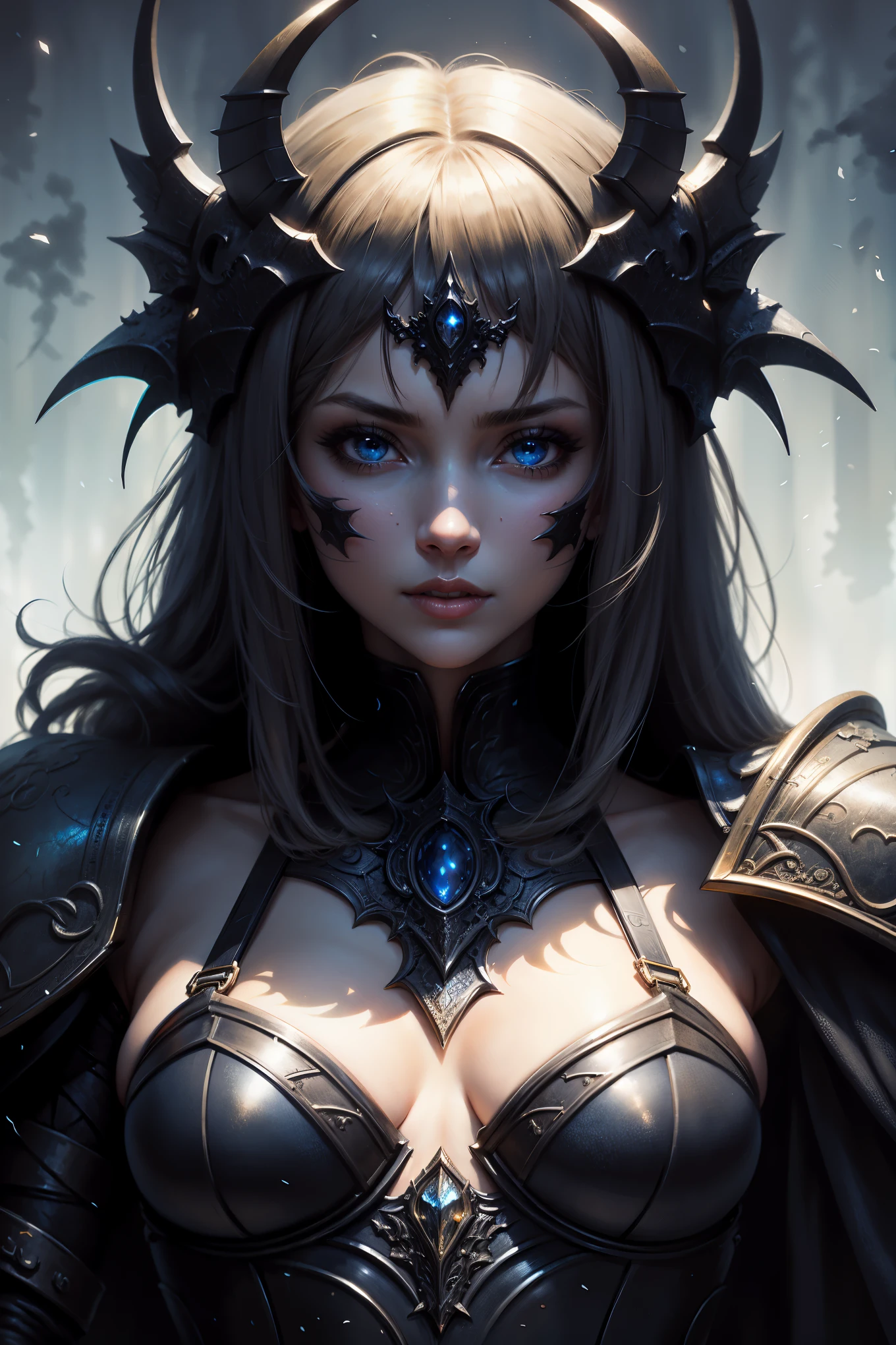 a close up of a woman in armor with horns and a blue eye, fantasy concept art portrait, dark fantasy style art, detailed matte fantasy portrait, detailed fantasy art, epic fantasy digital art style, extremely detailed artgerm, epic fantasy art style, detailed fantasy digital art, stunning character art, artgerm on artstation pixiv