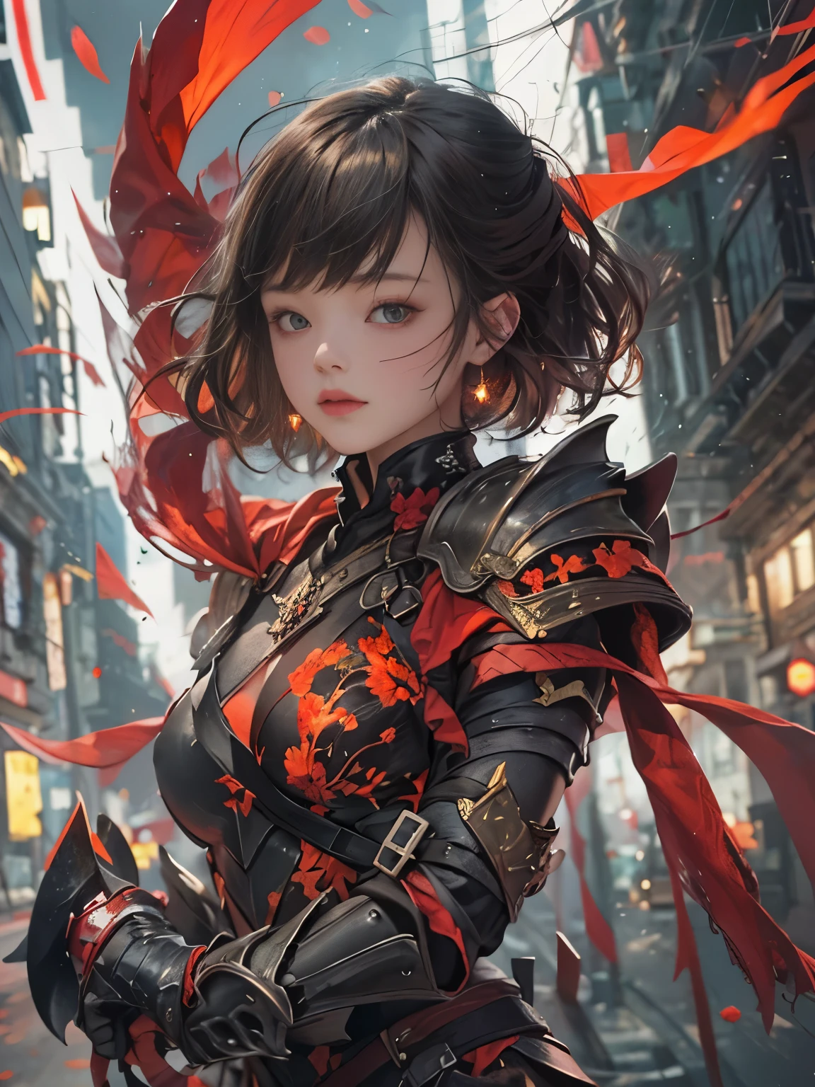 NSFW((masterpiece)), (((Best Quality))), ((Ultra-detailed)), (extremely detailed photo), ((extremely delicate and beautiful)),(Cute delicate face), (A 18 years old dignified girl),(red and black full armor) ,(holding a red glowing sword ),short hair,against a light background in a city,solo, double eyelid,delicate skin,slender body shape,