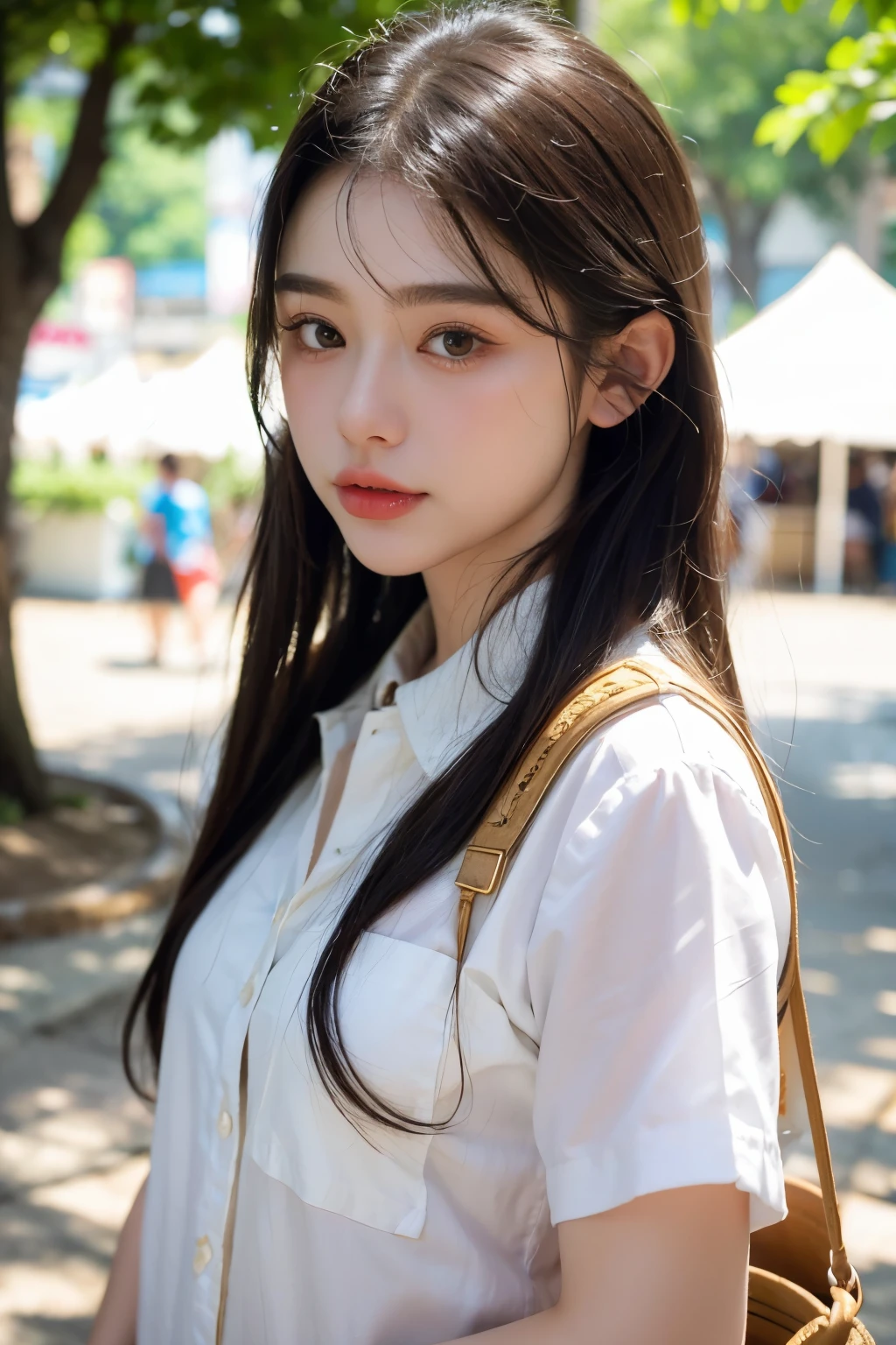 (8k, highest quality, ultra detailed:1.37), (Athena), 18yo, (a free-spirited Javanese girl), embraces the bohemian festival atmosphere. She wears a Indonesia school uniform. The high-resolution image captures ultra-detailed realism, highlighting Athena's captivating eyes, long eyelashes, and smooth complexion. The vibrant festival setting adds an energetic and colorful backdrop to showcase Dina's carefree and artistic personality.