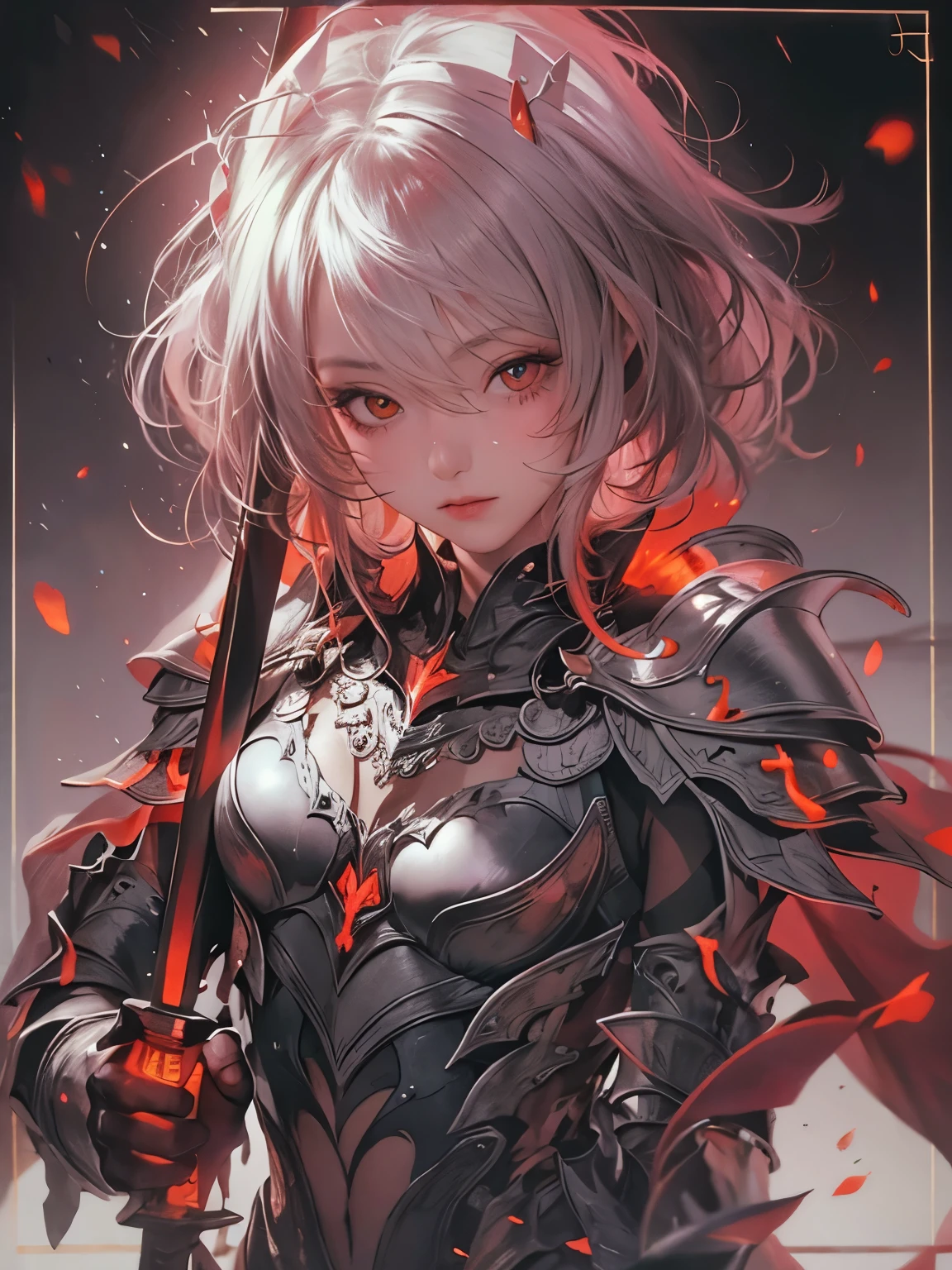 NSFW((masterpiece)), (((Best Quality))), ((Ultra-detailed)), (extremely detailed photo), ((extremely delicate and beautiful)),(Cute delicate face), (A 18 years old dignified girl),(red and black full armor) ,(holding a red glowing sword ),short hair,against a dark background in a city,solo, double eyelid,delicate skin,slender body shape,