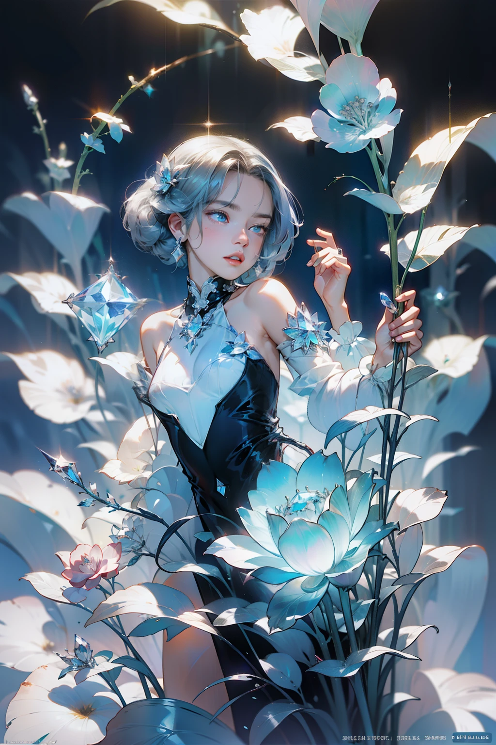 The hair is covered with beautiful and delicate floral craftsmanship, Crystal jewelry filigree,jewelry,Ultra-detailed details,Beautiful aristocratic girl,Gray hair is elegantly coiled,(((Silvertone))),golden colored。Blue and purple clear eyes,crystal,Illusion