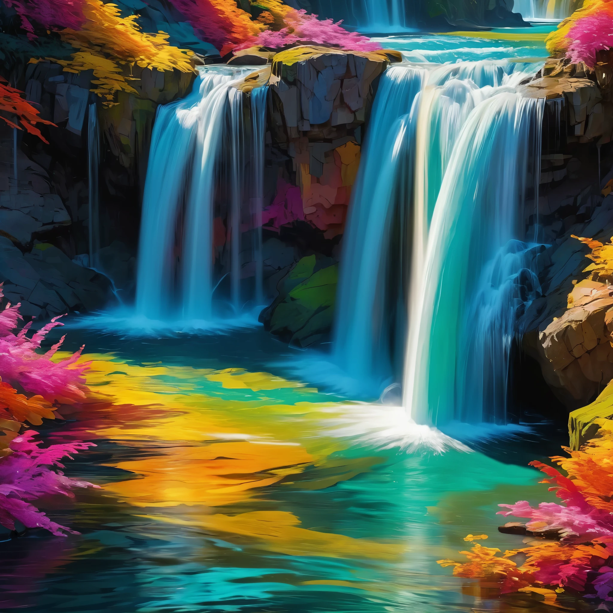 Design a mesmerizing abstract waterfall, bright colors, abstract shapes, depth, A masterpiece with up to 16K resolution, Excellent quality. | ((more_detail))