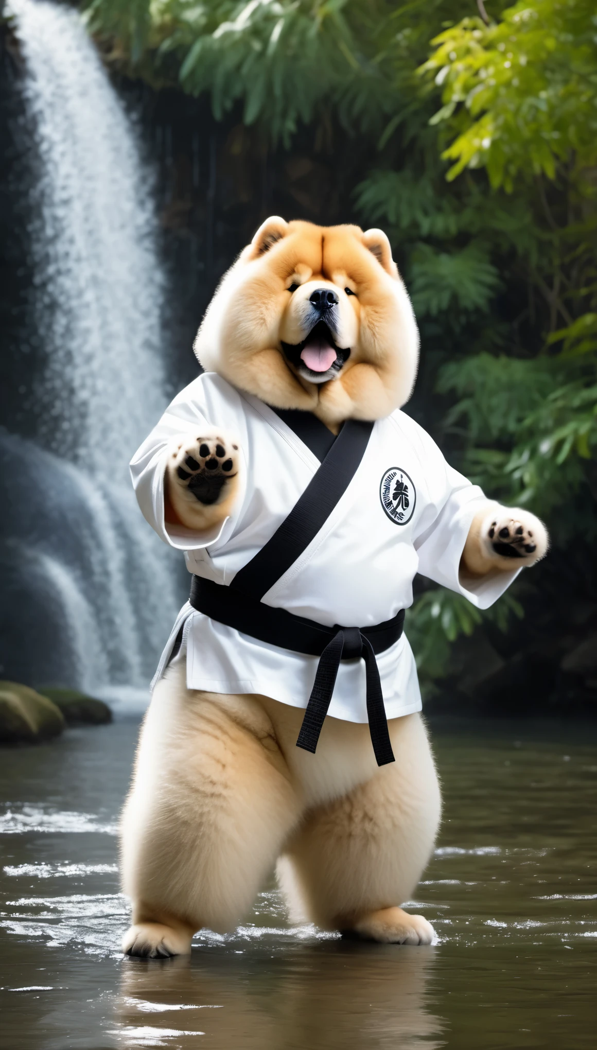 imagine, Like a humanoid (Anthropomorphic) , ((A fat chow chow dog wearing a karate uniform)), Chow chow dog is doing karate, The background is a bamboo grove with a waterfall.,  chow chow dog fur, Polar bear with a serious face,  Anthropomorphic cat, high def, highest quality, highest resolution, 8k, Featured photo, photorealistic quality, very detailed, bipedal walking, Karate kata