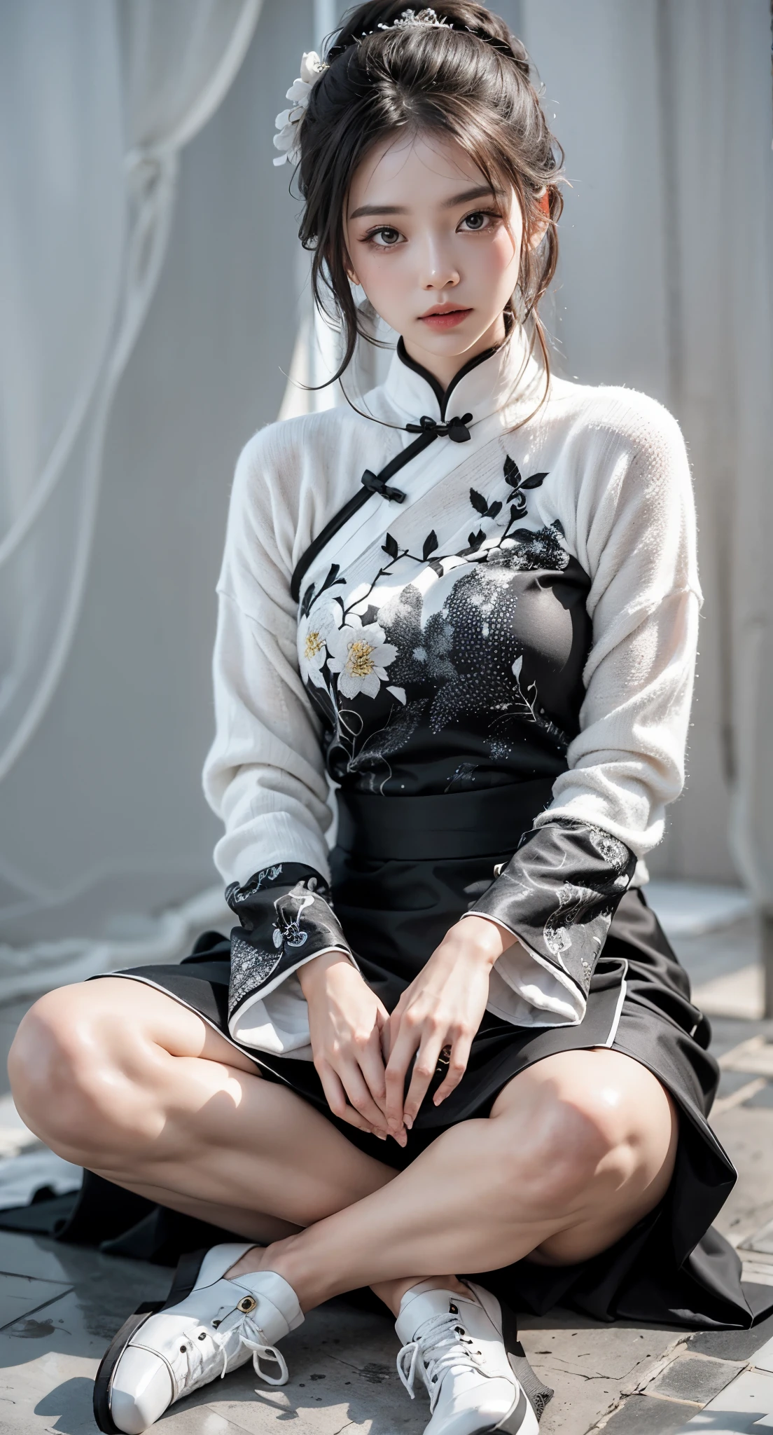 (white and black theme:1.8), (fog and mist Blurred background, Perfect and beautiful concrete background:1.4), (Inorganic and nostalgic white lighting:1.4),
 ////Character
1girl,
BREAK
//Fashions
Traditional Chinese Ensemble with Knitwear Twist,
Drape her in a classic qipao or cheongsam featuring intricate embroidery and delicate silk fabric, paying homage to traditional Chinese fashion,
Layer the qipao with a modern twist by adding a knitted cardigan or sweater in a complementary color or pattern, blending traditional elegance with contemporary comfort,
BREAK
Opt for a high-necked qipao with long sleeves to complement the cozy warmth of the knitwear, creating a harmonious fusion of styles,
Pair the ensemble with tailored trousers or leggings for added versatility and practicality, ensuring ease of movement while maintaining a polished look,
BREAK
Accessorize with traditional Chinese jewelry such as jade bangles or intricate hair ornaments, adding a touch of cultural authenticity to the ensemble,
Complete the look with sleek ankle boots or flats, balancing the traditional and modern elements of the outfit effortlessly,
BREAK