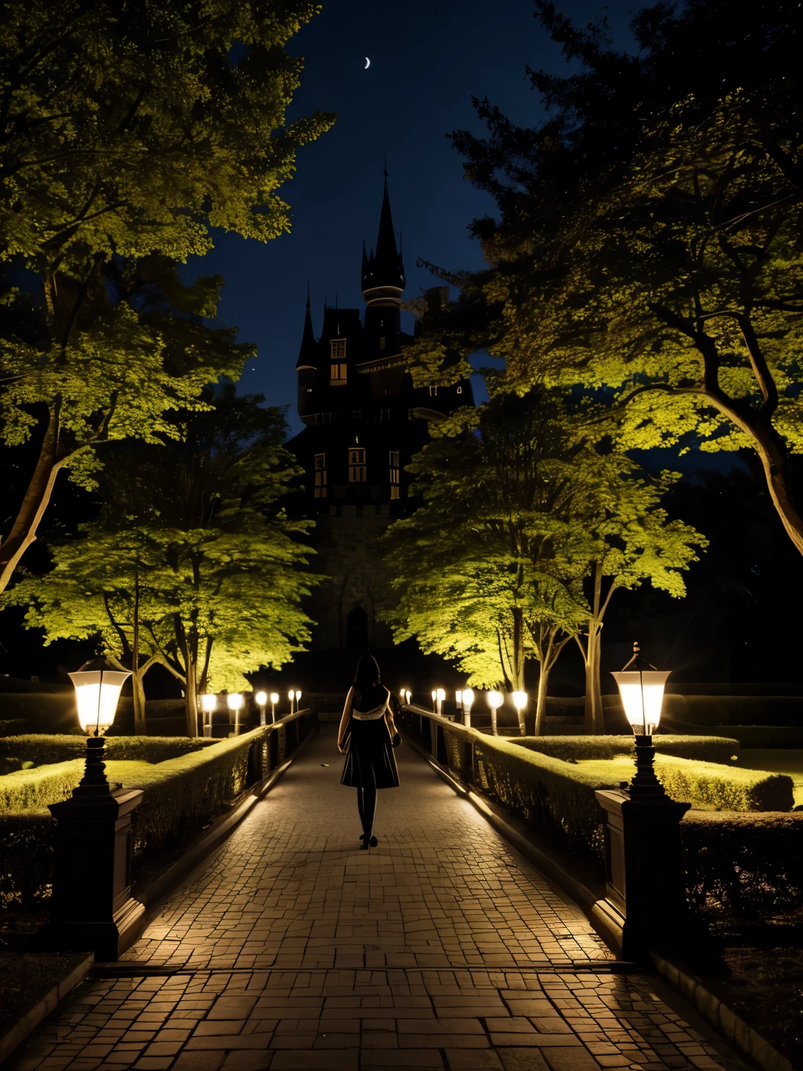 A girl with black hair walking in the castle garden on full moon night