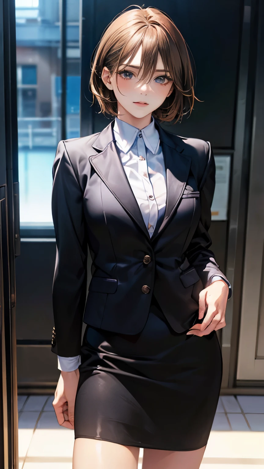 (masterpiece:1.2, highest quality), (realistic, photorealistic:1.4), beautiful illustrations, (natural side lighting, movie lighting), 
looking at the viewer, face focus, Upper body, 1 girl, Japanese, 17 years old, perfect face, perfect body, Cute symmetrical face, shiny skin, baby face, 
(short hair, straight hair, long sideburns, light brown hair), hair between eyes, emerald green eyes, seductive thighs), , 
beautiful hair, beautiful face, detailed and beautiful eyes, beautiful clavicle, beautiful body, beautiful breasts, beautiful thighs, beautiful feet, beautiful fingers, 
(((black business jacket, Clothes nearby), white collared shirt, black tight skirt), ), 
(beautiful scenery), evening, (office), Are standing, (anxiety), 