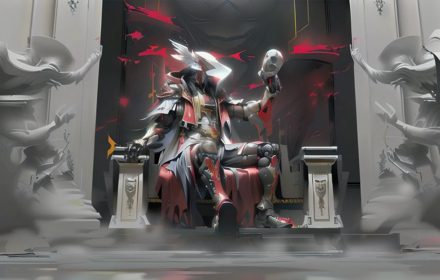 (((シルフのようなmale性的なキャラクターをフィーチャーした、A spectacular and visually stunning digital animation masterpiece ((male:1.5)) Decorated military soldier angel wearing a sophisticated but tactical armored but decorated leather military trench coat:1.2))), (((flat masculine male chest:1.5, Mechanical mechanite head with narrow visor:1.5))), (((The character is (SF tactical armor open front trench coat with built-in exoskeleton, pulled up the hood) (Although the plating is done on top of the armor that fits perfectly.、Can be worn under a suit with a very sleek and revealing waist cutout。), The armor plating on the upper arms and shoulders is beautifully sculpted))):1.4. The image shows the intricacies of the character's armor and clothing:1.5, ((Captures their glamorous essence and heavy mecha aesthetic。:1.2)). A character with an androgynous charm, (((Has a slim but muscular physique:1.2, Smooth waist like a sylph, Tight、Yet beautiful and smooth cybernetic arm:1.3, Mechanical arms and legs:1.3, mechanical muscle:1.3))), looking at the viewer, (((Brass metal armor and brown leather, diesel punk:1.3)))