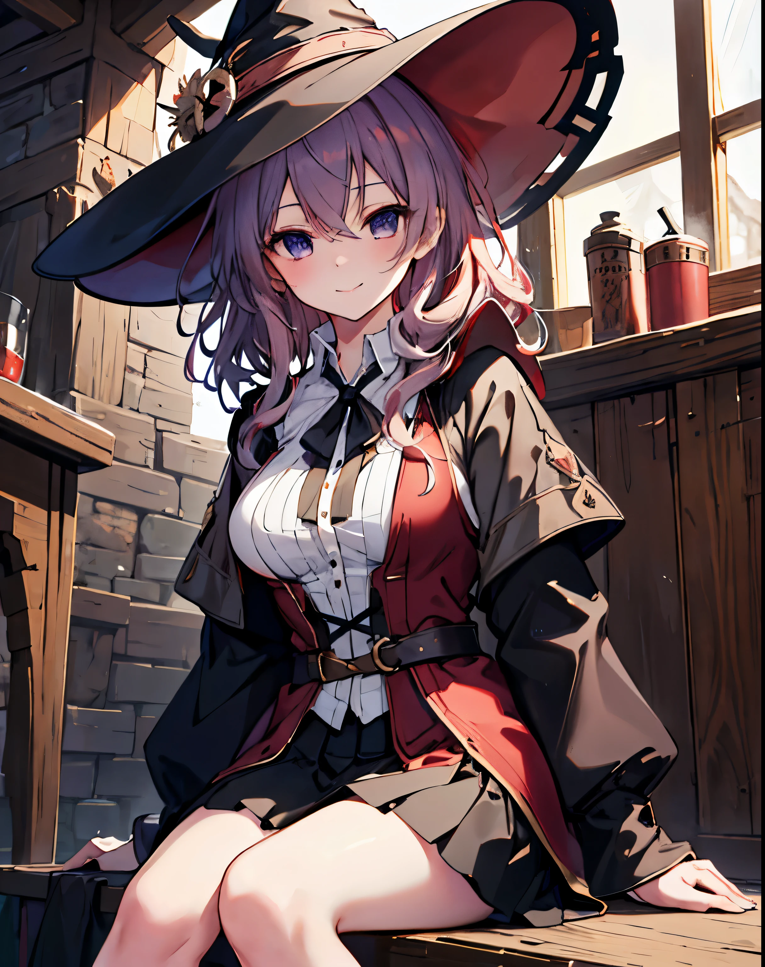 masterpiece,1girl, sparrow, a crimson haired girl, wearing a medieval clothes, curly medium hair, messy hair, black skirt, slim body, wearing witch hat, medium breasts, she close her left eye, shirt ornament, lolippai, seductive expression, beautiful breasts, rounded breasts, crimson eyes, dress, miniskirt, sit in medieval tavern, ahoge, seductive smile, breast armor