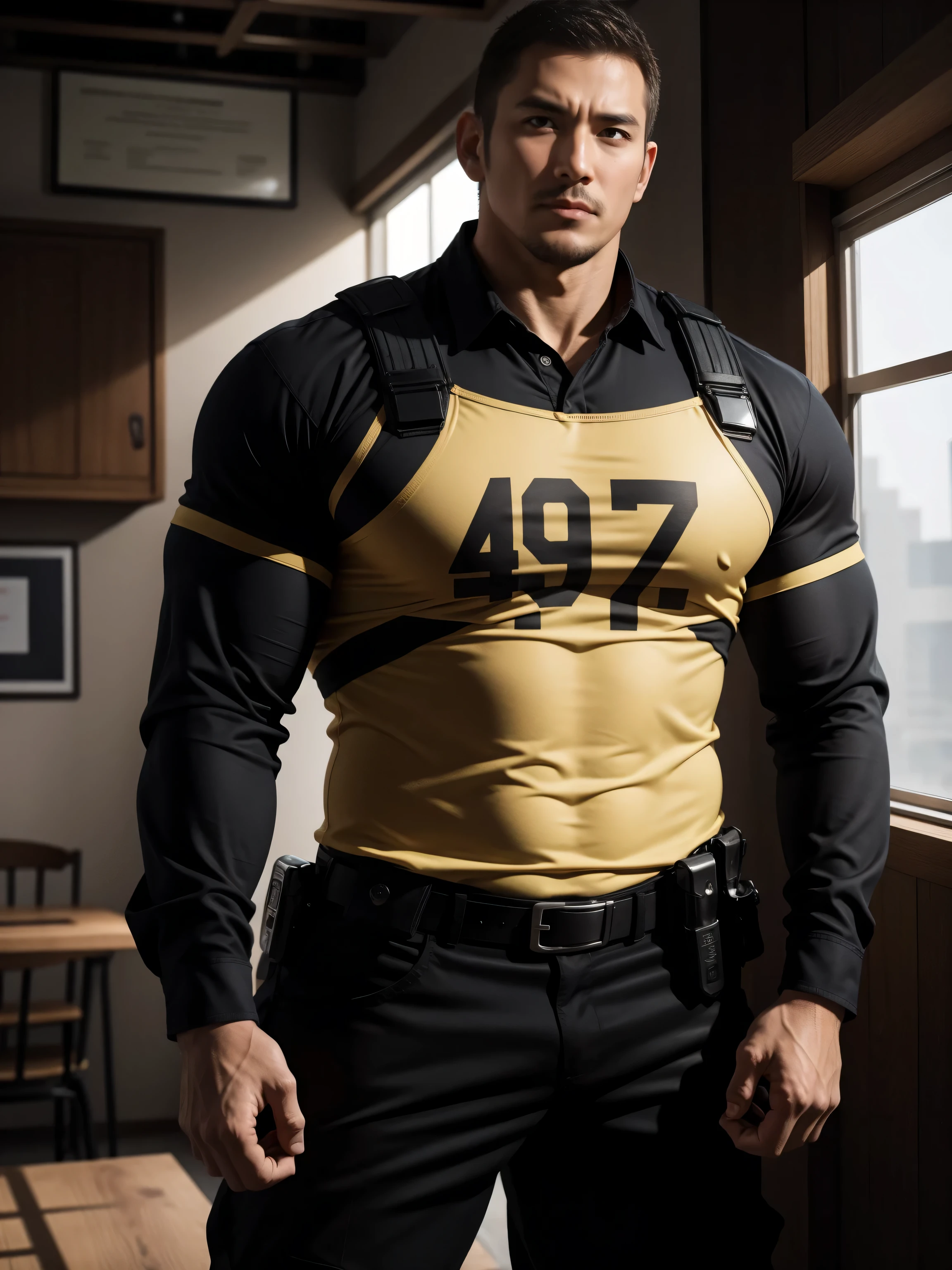 Tall giant muscular肌肉男警官，Yellow and black striped long-sleeved police uniform，Wear it over a shirt，police certificate，There are frescoes on the walls，character concept（Resident Evil - chris redfield，chris redfield）proud expression，Deep and charming eyes，heroic male pose，高大burly，muscular！muscular大腿，tough guy，perfect facial features，High, burly, Heqiang， Super gain and cool， high resolution committee，Charming strong man，The bright sunshine shines on you through the window