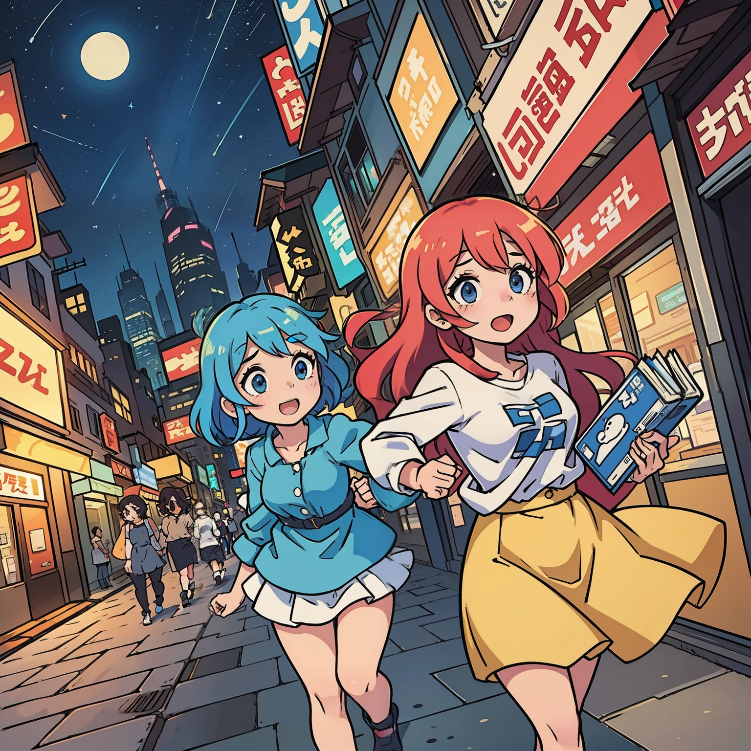 Two anime characters walking hand in hand, expressing affection, under the stars on a Facebook platform, depicted in a soft and vibrant color palette, reflecting the city pop style art with a touch of retro feel. The characters, with their gentle illustrations and expressive facial expressions, exhibit dynamic poses, adding a playful narrative to the scene. The background features a detailed and intricately designed anime-style cityscape, accentuating the sharp focus on the two figures. The use of speech bubbles and action lines further emphasizes the comic book style, while the soft shadows and subtle highlights add depth and dimension to the manga-inspired artwork.