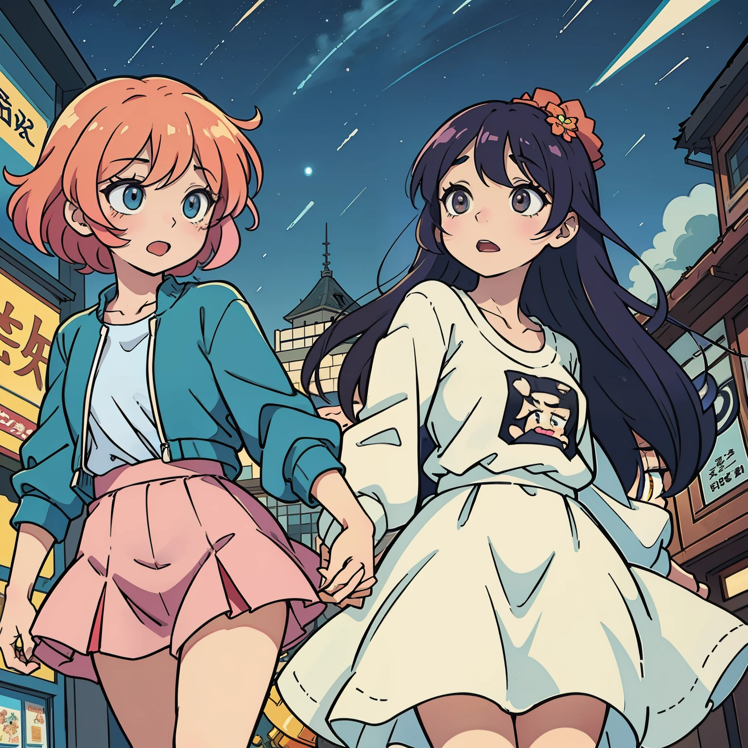 Two anime characters walking hand in hand, expressing affection, under the stars on a Facebook platform, depicted in a soft and vibrant color palette, reflecting the city pop style art with a touch of retro feel. The characters, with their gentle illustrations and expressive facial expressions, exhibit dynamic poses, adding a playful narrative to the scene. The background features a detailed and intricately designed anime-style cityscape, accentuating the sharp focus on the two figures. The use of speech bubbles and action lines further emphasizes the comic book style, while the soft shadows and subtle highlights add depth and dimension to the manga-inspired artwork.