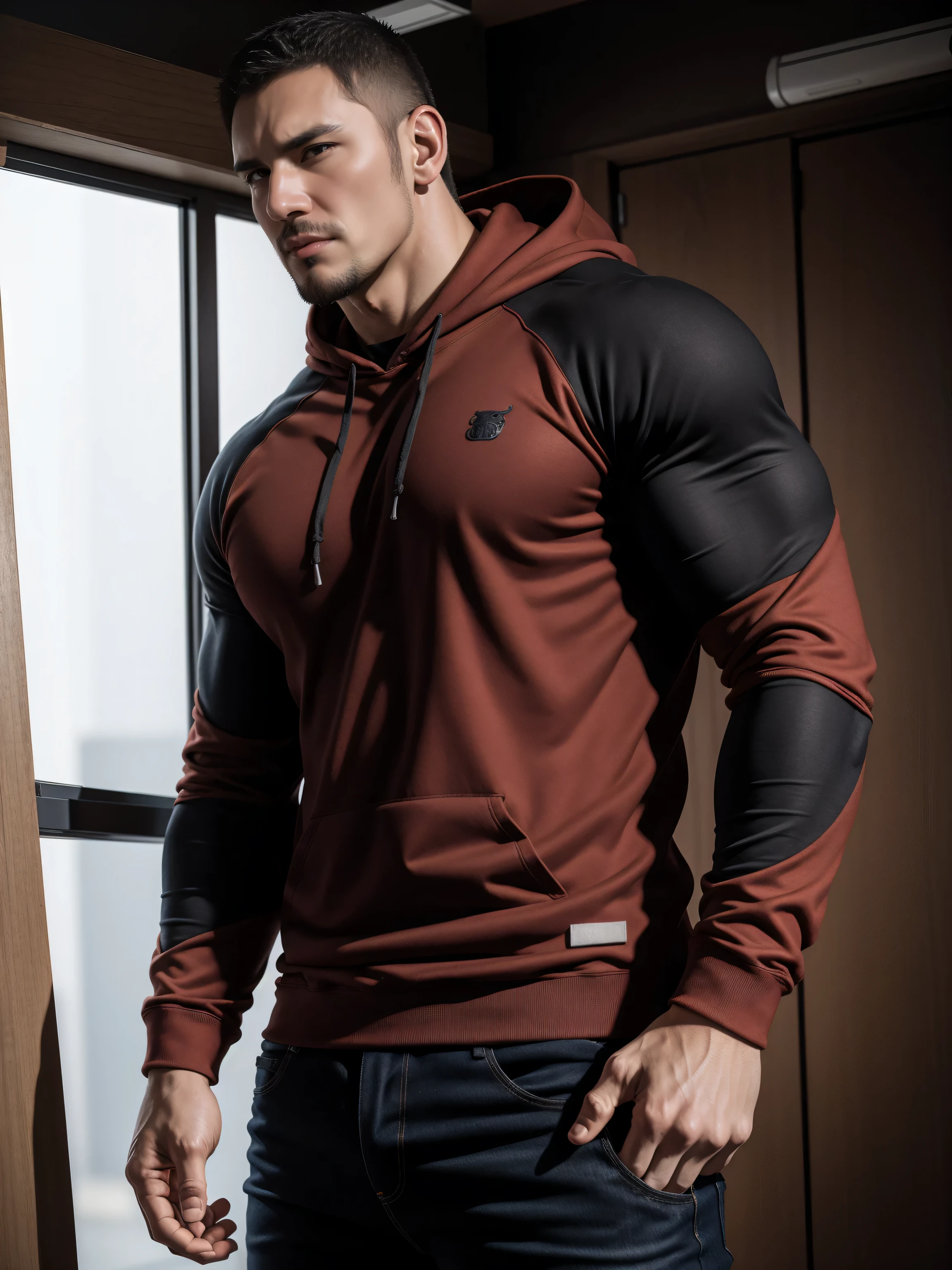 Tall giant muscular肌肉男，红色和黑色连帽Sweatshirt，Sweatshirt，jeans，character concept（Resident Evil - chris redfield，chris redfield）angry angry expression，Deep and charming eyes，heroic male pose，高大burly，muscular！muscular大腿，tough guy，perfect facial features，High, burly, Heqiang， Super gain and cool， high resolution committee，Charming strong man，The bright sunshine shines on you through the window