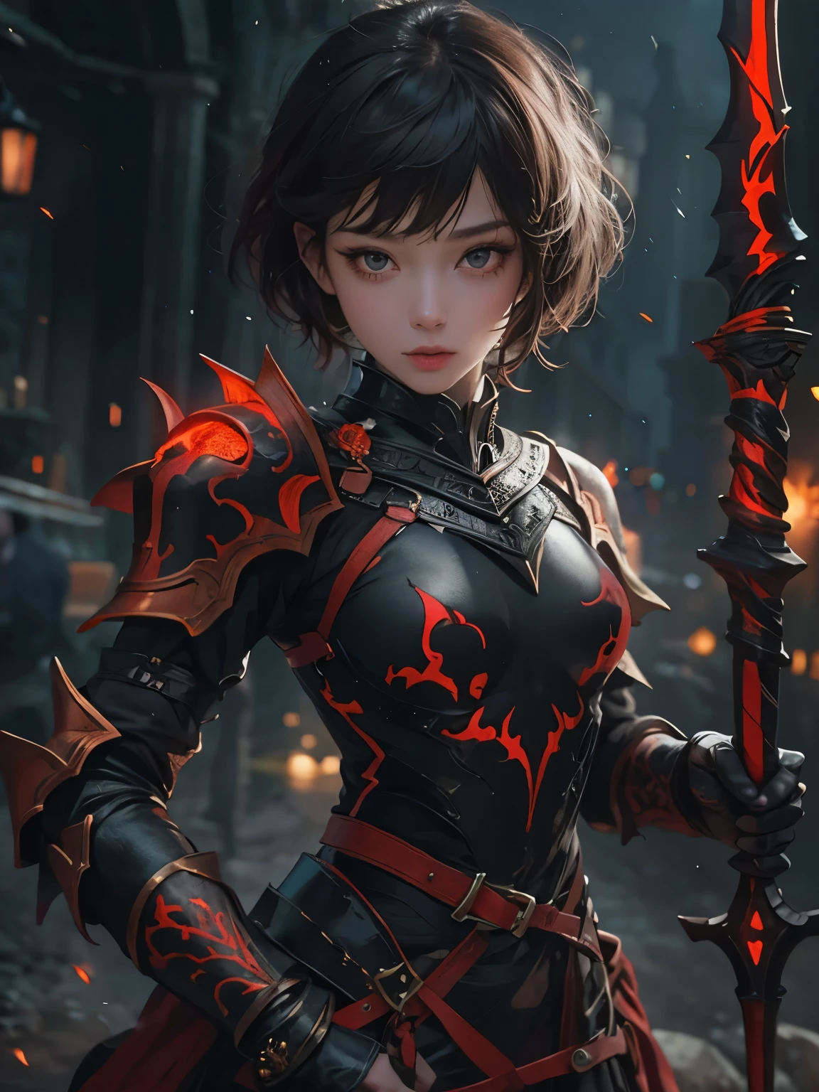NSFW((masterpiece)), (((Best Quality))), ((Ultra-detailed)), (extremely detailed photo), ((extremely delicate and beautiful)),(Cute delicate face), (A 25 years old dignified girl),(red and black full armor) ,(holding a red glowing sword ),short hair,against a dark background in a city,solo, double eyelid,delicate skin,slender body shape,