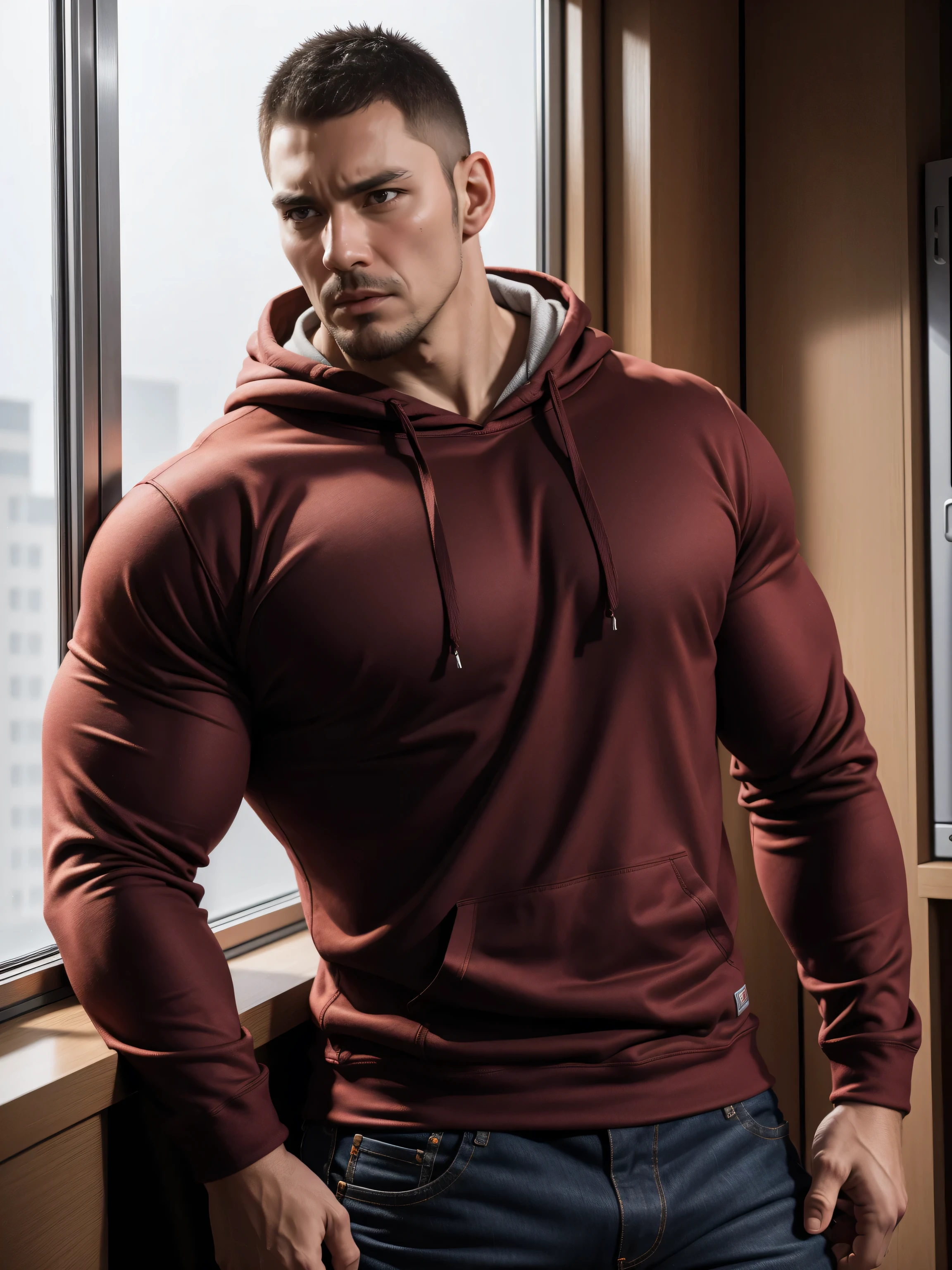 Tall giant muscular肌肉男，红色和黑色连帽Sweatshirt，Sweatshirt，jeans，character concept（Resident Evil - chris redfield，chris redfield）angry angry expression，Deep and charming eyes，heroic male pose，高大burly，muscular！muscular大腿，tough guy，perfect facial features，High, burly, Heqiang， Super gain and cool， high resolution committee，Charming strong man，The bright sunshine shines on you through the window