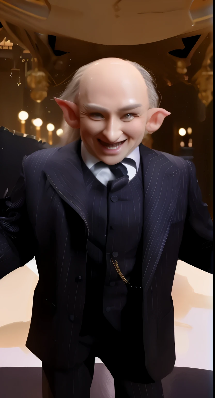 4K,HD quality，哈里波特 银行Elf，Big nose，Elf耳朵，Suit，splendid，Elf，positive smile，Cruel，standing