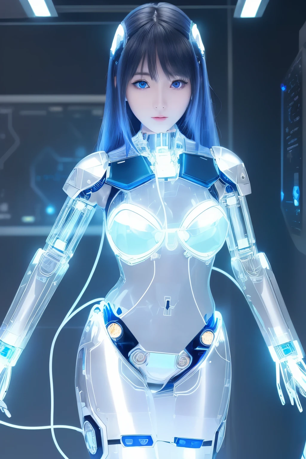 (highest quality, High resolution, masterpiece:1.2), Super detailed, realistic:1.37, (perfect anatomy),1 girl, full body portrait,Inside a robotized operating room,(Lots of cables:1.1),Lots of tubes,monitor screen,close-up of woman, Cute and perfectly beautiful Japanese idols, 26 year old female model、Modified into a cute cyborg,, (blue led eyes:1.1), (clear glass body:1.5), (A clear view of the electronic systems in the body.:1.4), Detailed connection lines, Wires and cables connecting to the head, cybernetics, cyber punk, intricate decorative details, Android factory in the background, master piece, full body shot