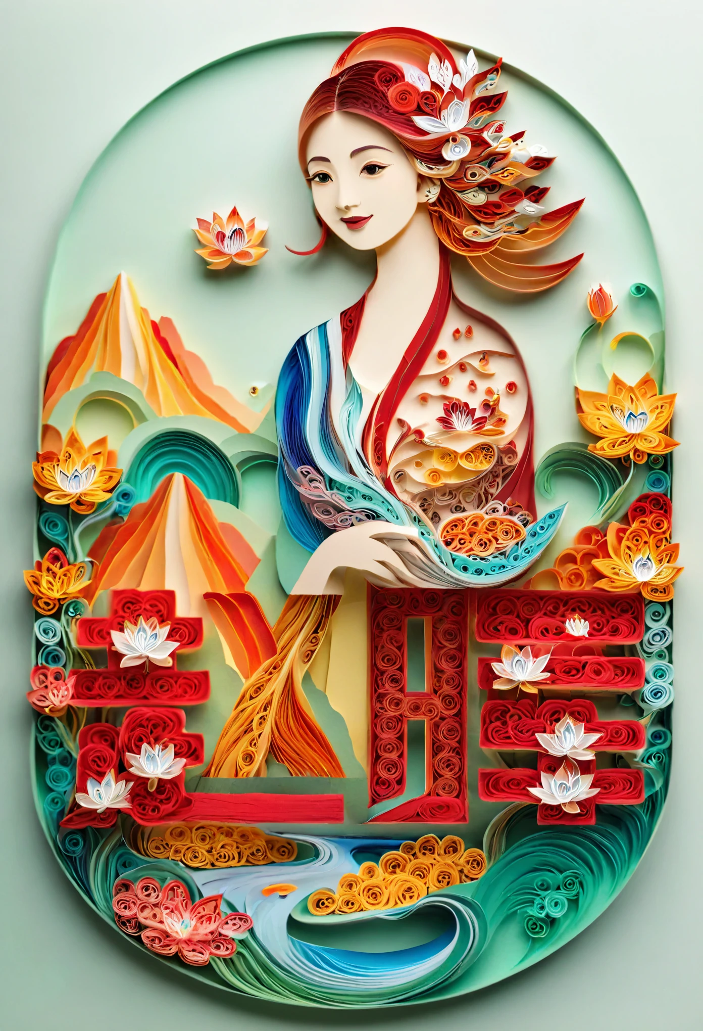 (number art, paper art,layered paper art,paper quilling,paper-cut,paper sculpture)，1 girl,mountains, tree, river，flowers，lotus， (Oriental elements, Chinese color, Advanced color matching),(3D sculpture，Render by Octane，Volumetric light), (Loss of focus, Very colorful, light, chiaroscuro,Ray tracing)