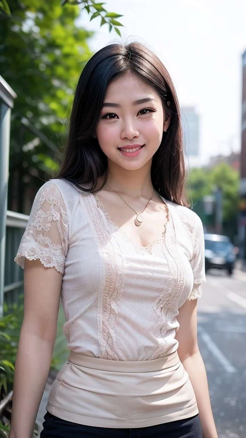(RAW photos, best quality), (realistic, photorealistic: 1.2), (round face: 1), 1 girl, outdoor, (high detail skin: 1.2), smile, air bang, straight brown black hair, soft lighting, high quality, professional lighting, Photon mapping, (kmm)