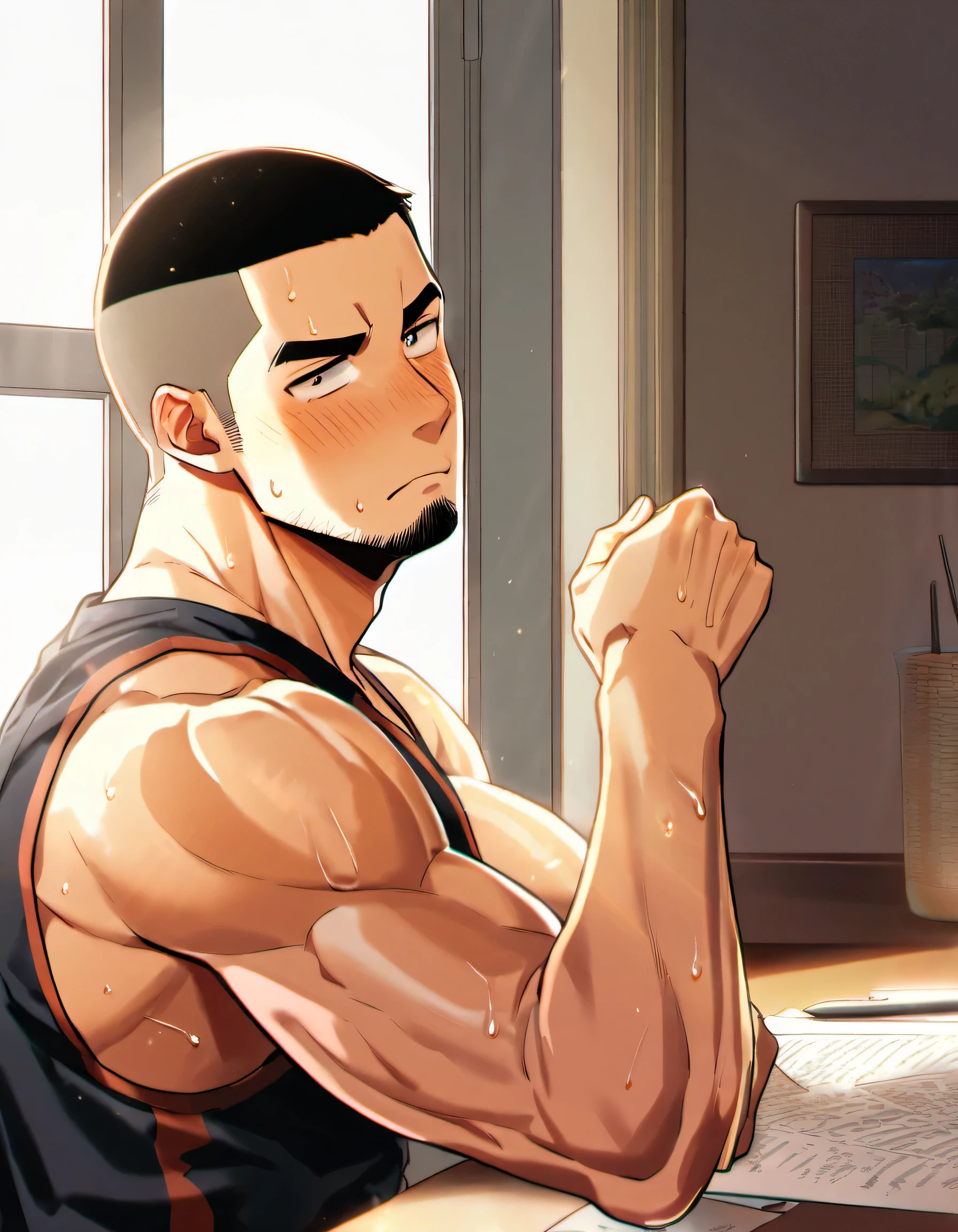 1 muscular athlete, He was wearing a tight black vest, In the comfort of your own bedroom, sitting at desk, The sun shines through the window, Sweat, short hair, raised eyebrows, V-shaped eyebrows, Jiliu, blush, beard, 16k, Ultra-detailed, high detail, best quality, masterpiece